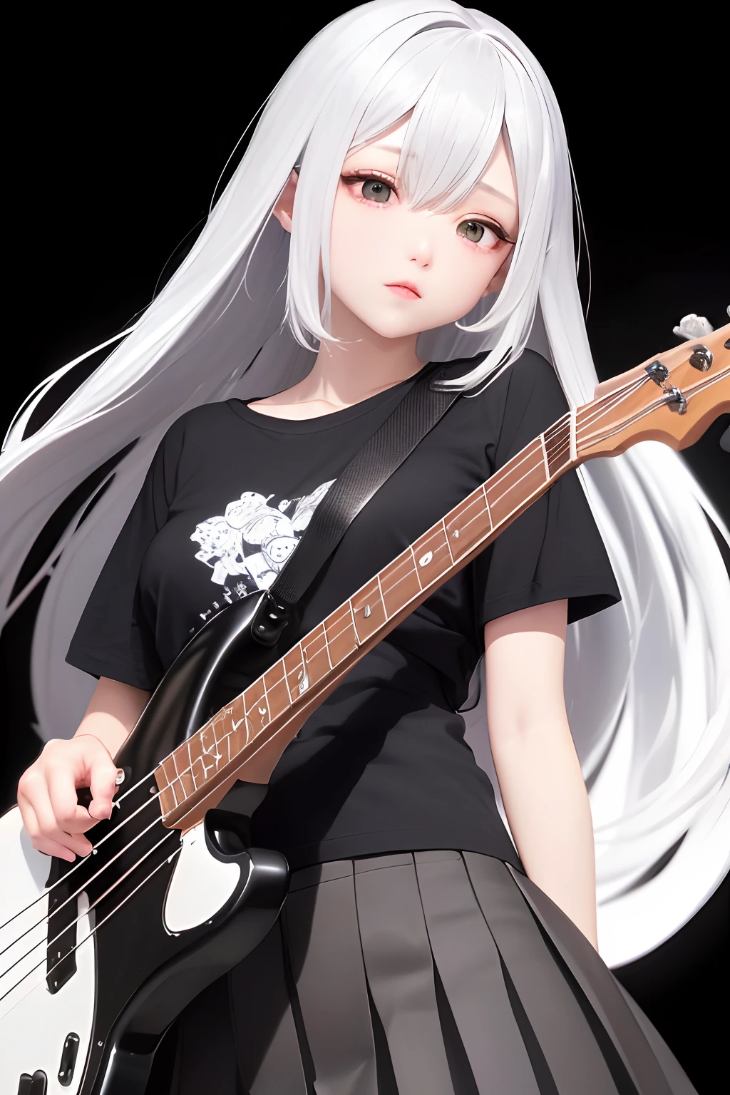 (tshirts)(bassist)(Black background)(a very delicate and beautiful)、a very delicate and beautiful)、(Gray hair)(Black mesh)(frontage)(Black shirt)、dynamic ungle、portlate)、(smooth hair)、(Big eyes)beautiful countenance、de pele branca、depth of fields、radiant lips、(Play the bass)