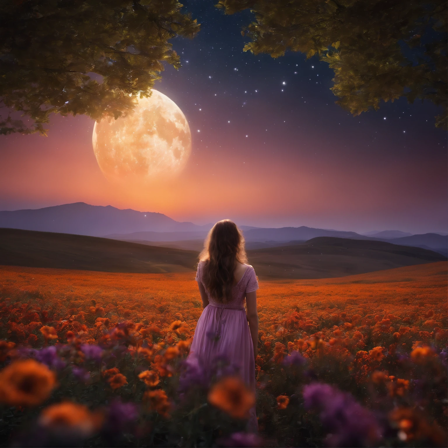 ((1girl in)), Vast landscape photos, (From below, Upper air, open fields below), Boy standing in a flower field and looking up, (fullmoon: 1.2), (Meteor: 0.9), (nebulas: 1.3), mountain in the distance, Tree BREAK making art, (Warm light source: 1.2), (firefly: 1.2), abajour, lot of purple and orange, Intricate details, Volumetric Lighting BREAK (masutepiece: 1.2), (Best Quality), 4K, ultra-detailliert, (dynamic compositions: 1.4), Detailed, Colorful, (iridescent: 1.2), (Glow, Atmospheric lighting), Dreamy, Fantastic, (Solo: 1.2)