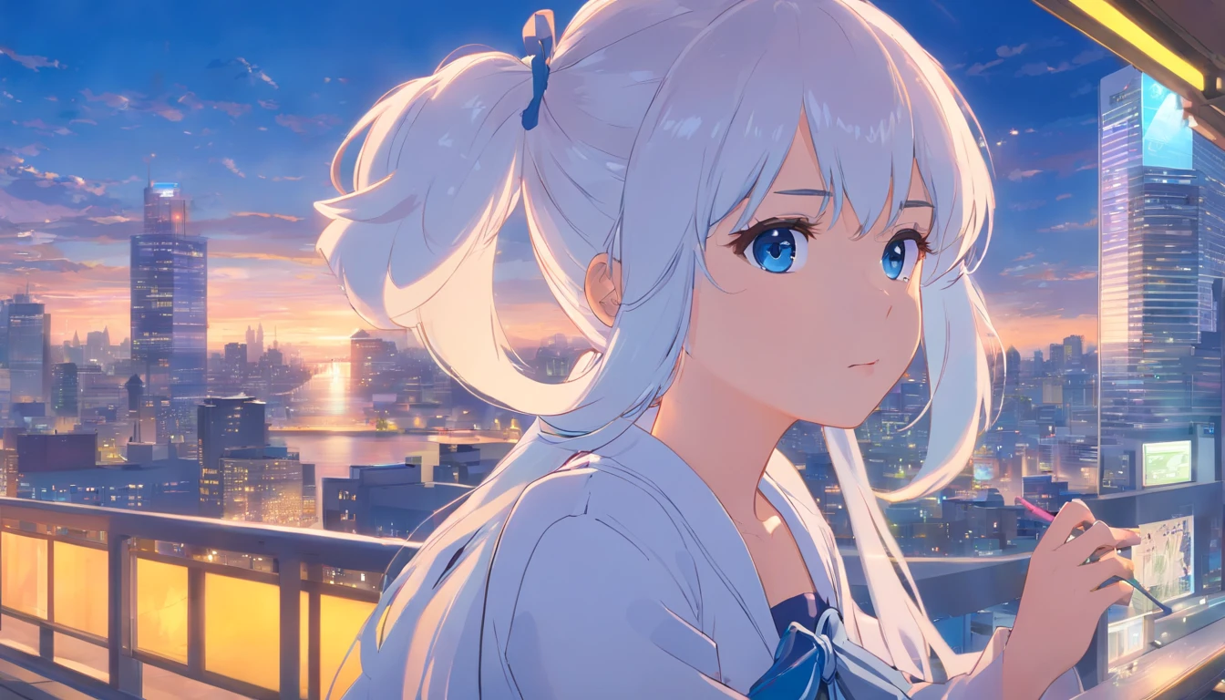 White color hair，Double ponytail curls，blue color eyes，White Lolita，Beth，busy cityscape