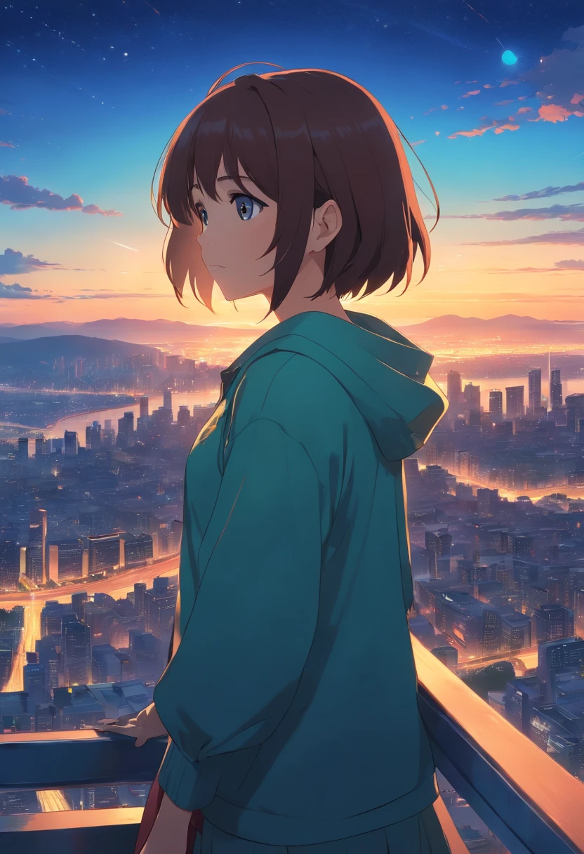 A anime girl wearing black hoodie, standing at top of a skyscraper building, looking at viewer, high quality, 8k highly rendered