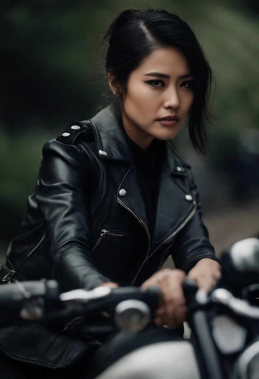 Black leather gloves, black hair ponytail, Japanese girls, black leather riders jacket, upper body