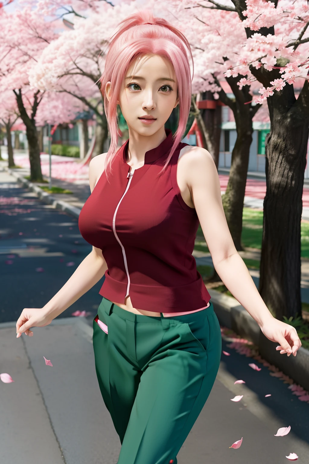 anime - style woman in red top and green pants walking down a street, haruno sakura, sakura haruno, sakura haruno in slug sage mode, sakura petals around her, from naruto, realistic anime 3 d style, 3 d anime realistic, photorealistic anime, photorealistic anime girl render, inspired by INO, lush sakura, anime styled 3d