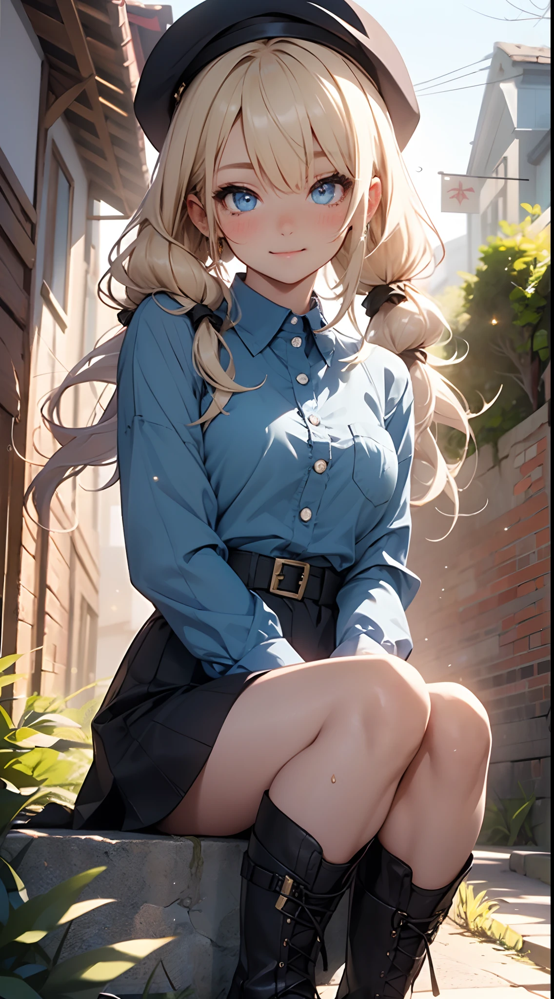 (masterpiece, best quality), (finely detailed beautiful eyes), (finely detailed eyes and detailed face), (scenery), (extremely detailed CG, ultra-detailed, best shadow), beautiful concept illustration, (illustration), (extremely fine and beautiful), (perfect details), sitting,
1 cute girl, solo, smile, pretty hat, pretty dress, collared shirt, black boots, long hair, blonde hair, twin tails, blown hair, bangs, hair between eyes, blue eyes, long sleeves, white headwear, pretty bag, beret, blush,
 outdoors, 
(depth of field), blurry, blurry foreground, bokeh, danmaku, depth of field, lens flare, sparkle, star glitter,