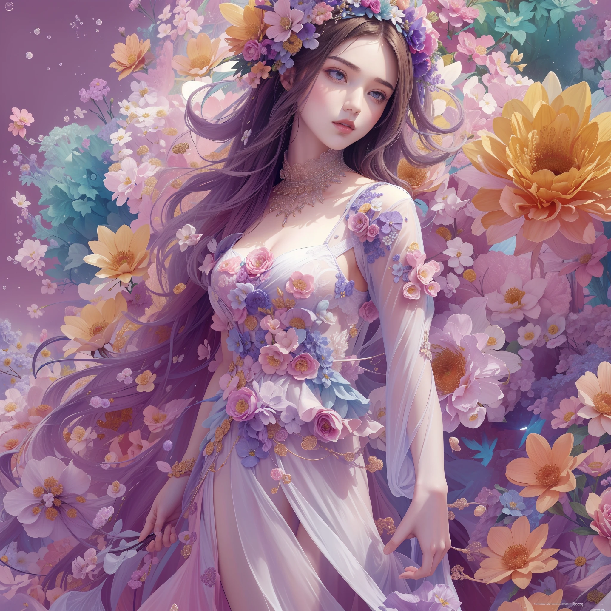((1girl in)), (​masterpiece, top-quality, top-quality, Official art, Beautifully Aesthetic: 1.2), (1 Flower), The upper part of the body, ighly detailed, (Fractal Art: 1.3), colourfull, best detailed