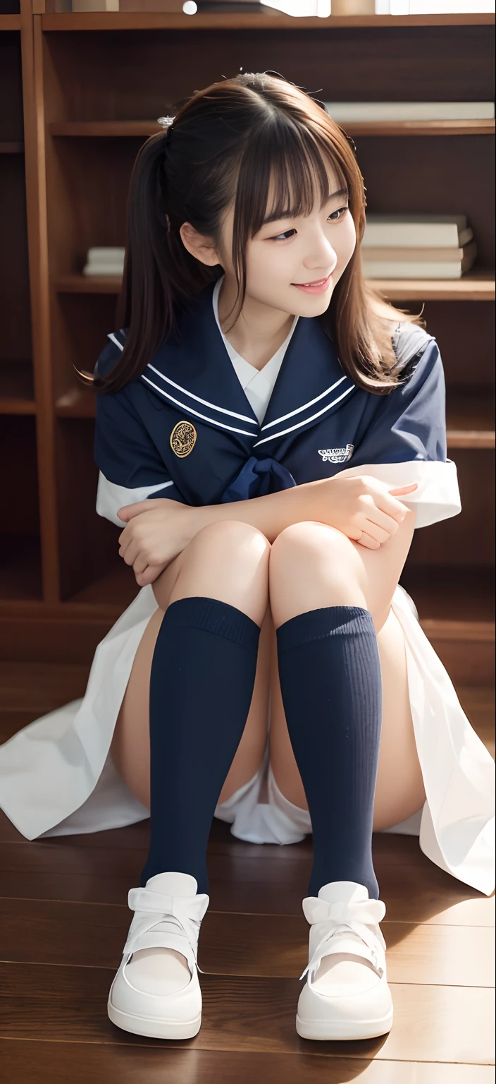8K、top-quality、​masterpiece:1.2、Real 1.5、Realistic 1.5、Photorealsitic:1.3、18year old、girl with:1.5、Colossal tits:1.5、a sailor suit、校服、student clothes、a miniskirt、Panties visible from the skirt、cute little、A smile:1.2、sitting on、Opening legs、Open legs、Panty white、