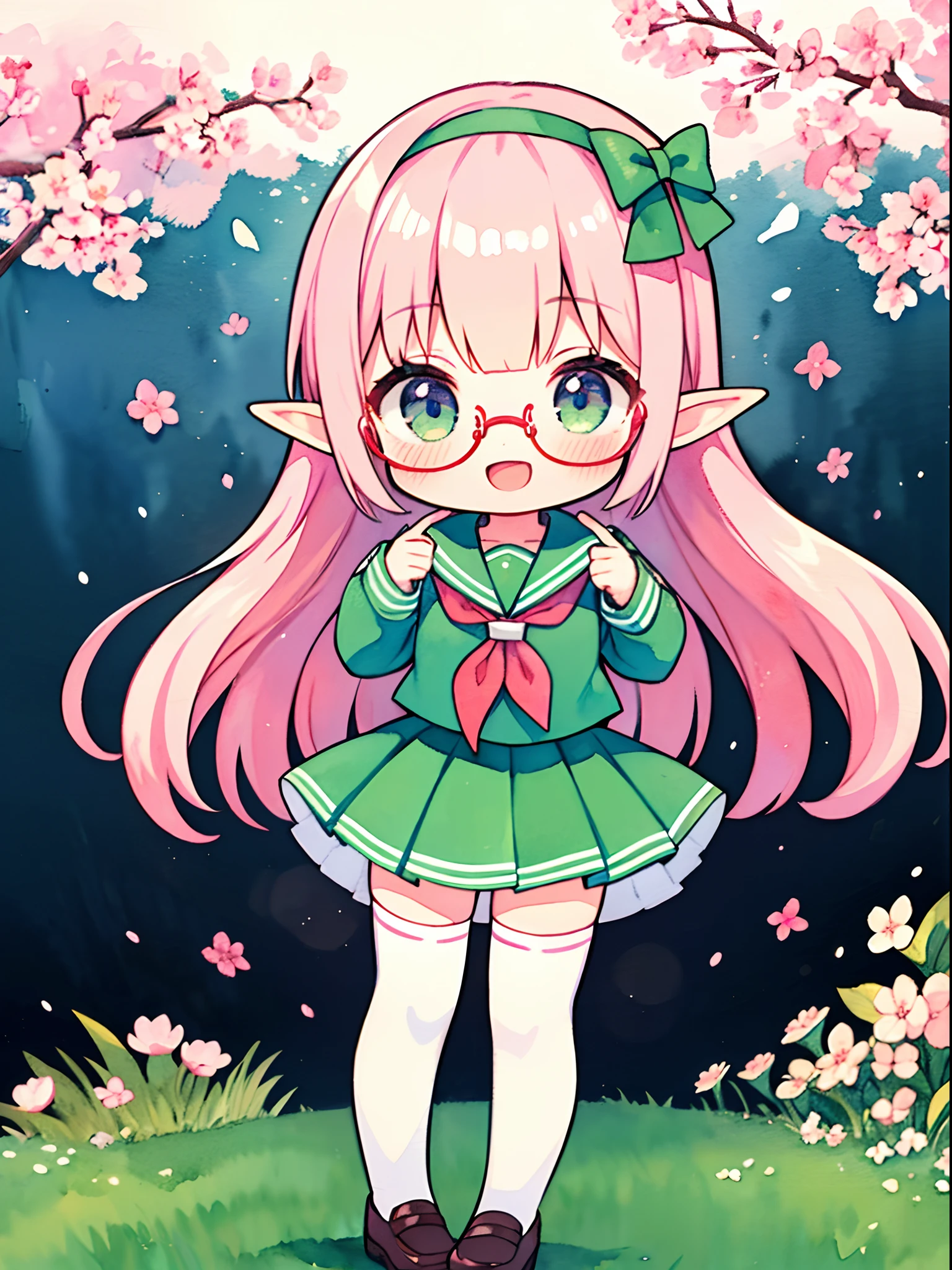 (masterpiece), (best quality), illustration, chibi, 1girl, solo, elf, full_body, pink hair, long hair, hime cut, glasses, green hairband, school uniform, white serafuku, green skirt, red neckerchief, white thighhighs, :d, (simple background, sakura), (pastel color), ((watercolor)), white background, dutch angle