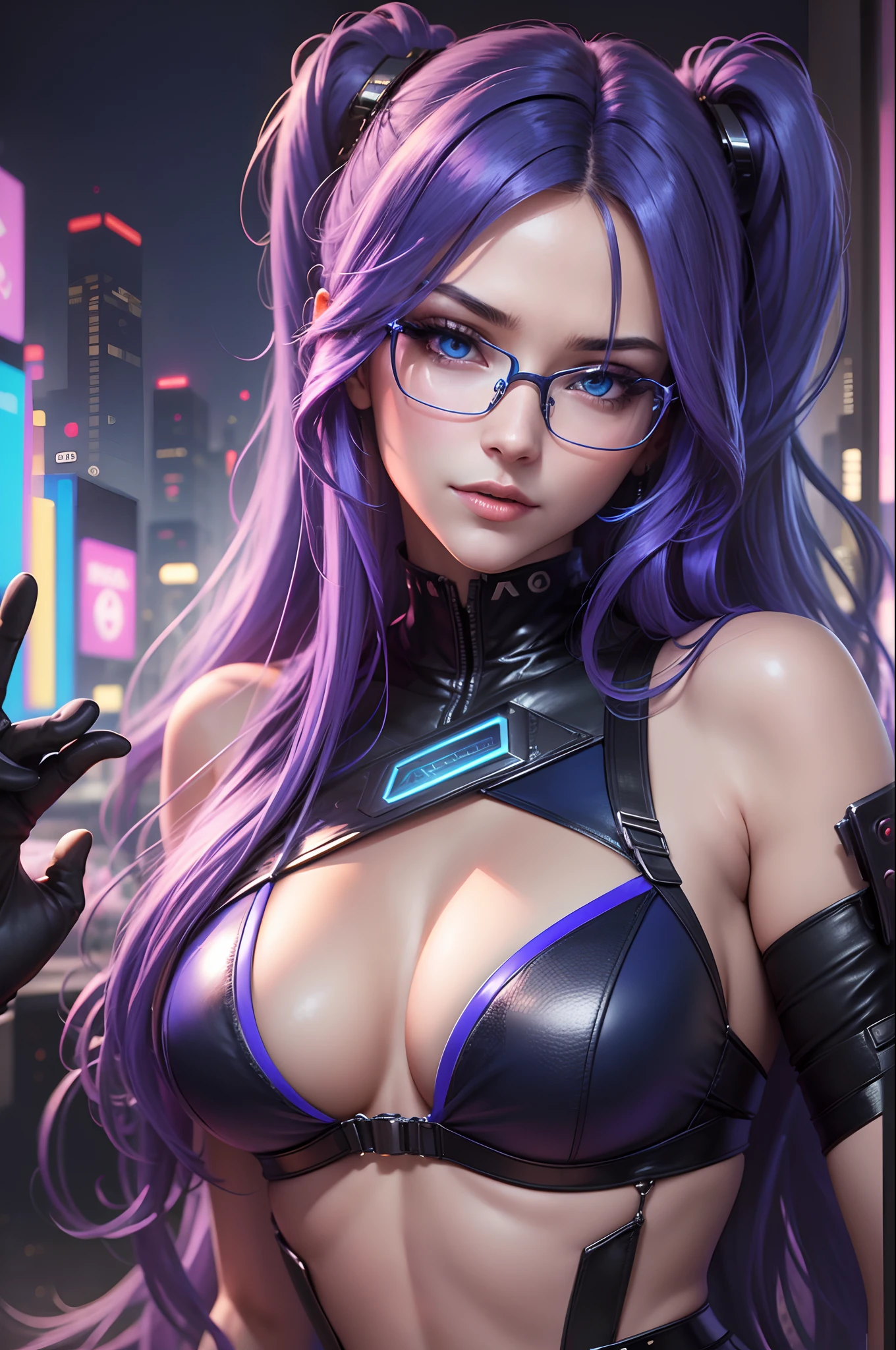 (masterpiece1:2, 4k, 8k, best quality, highres), sexy female, blue long hair, beautiful eyes, wearing glasses, cyberpunk style, vivid colors, sexy look, seductive face, pov, viewers --auto --s2