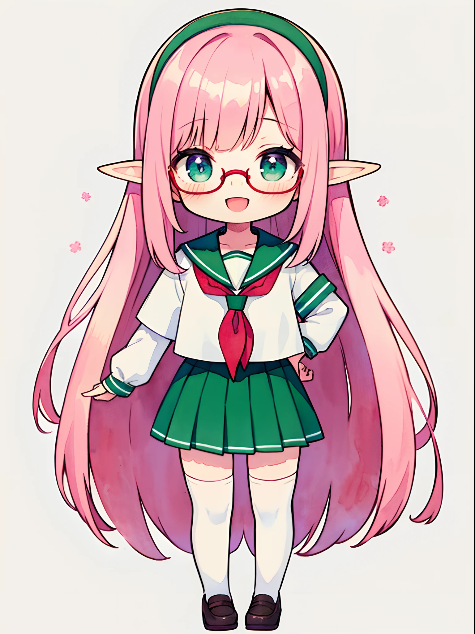 (masterpiece), (best quality), illustration, chibi, 1girl, solo, elf, full_body, pink hair, long hair, hime cut, glasses, green hairband, school uniform, white serafuku, green skirt, red neckerchief, white thighhighs, :d, (simple background, sakura), (pastel color), ((watercolor)), white background, dutch angle