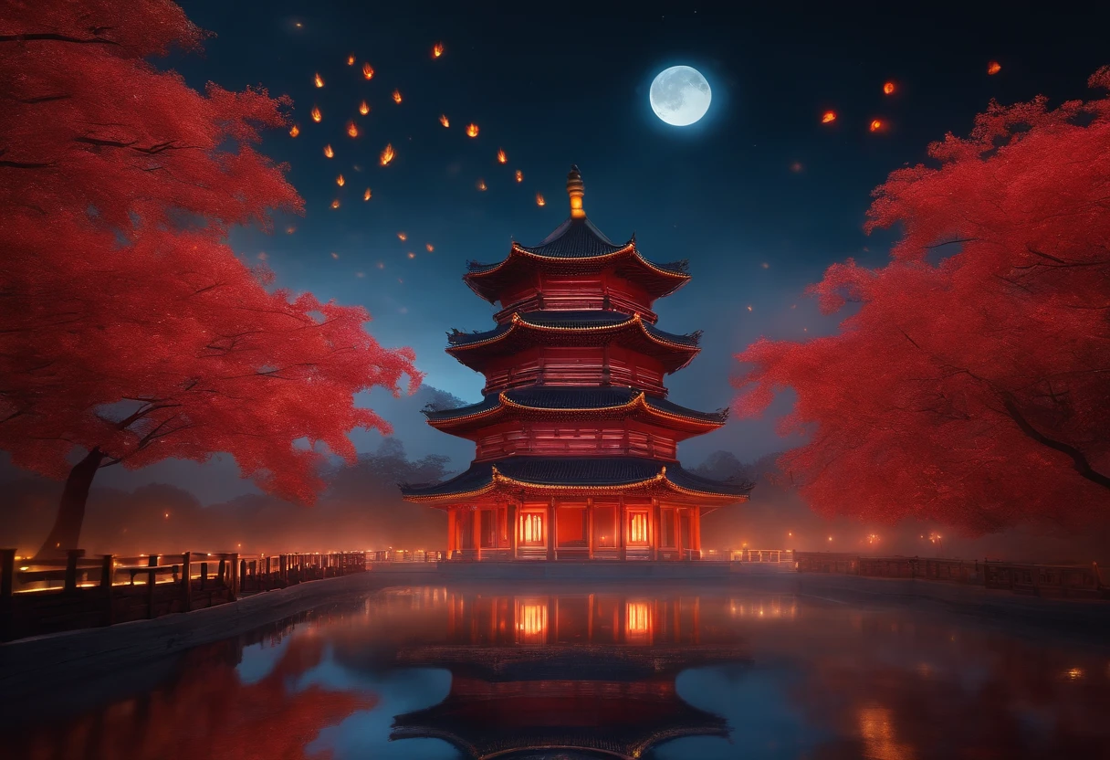 Dutch Golden Age painting, Fuji colors, Sparkle, Blurry, fading border, round corners, partial underwater shot, Masterpiece, Award-Awarded, A high resolution, 1080p, 8K,in a red dream world, A beautiful artwork illustration, There is a red poster,There are fire phoenixes flying on it,themoon,mid-autumn festival,Pictures of pagodas and flowers, of dreams