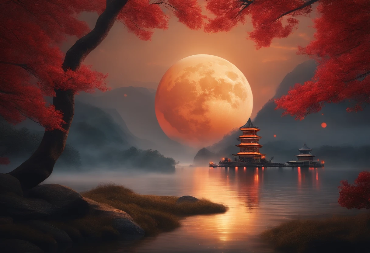 Dutch Golden Age painting, Fuji colors, Sparkle, Blurry, fading border, round corners, partial underwater shot, Masterpiece, Award-Awarded, A high resolution, 1080p, 8K,in a red dream world, A beautiful artwork illustration, There is a red poster，There are fire phoenixes flying on it，themoon，mid-autumn festival，Pictures of pagodas and flowers, of dreams