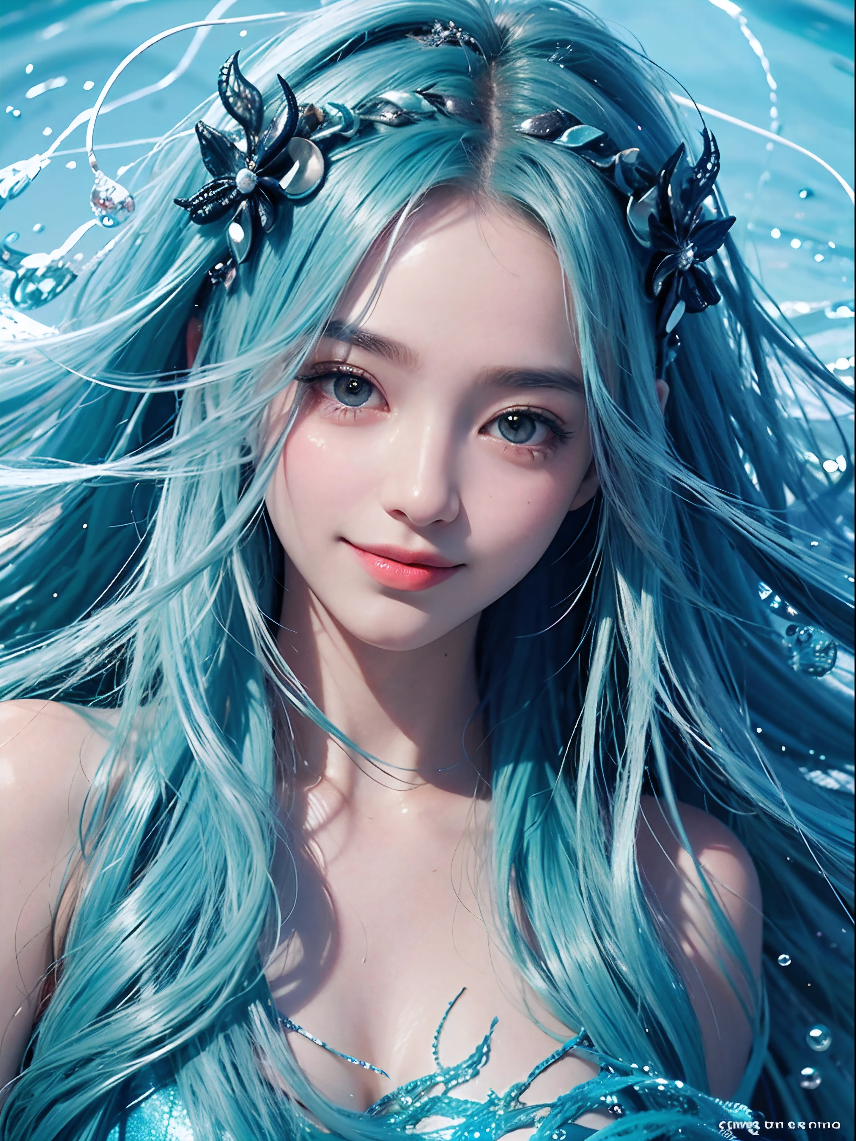 Dive into the depths of imagination with a stunning portrait of a cute smiling sea nymph, adorned with shimmering scales and cascading locks of seaweed hair