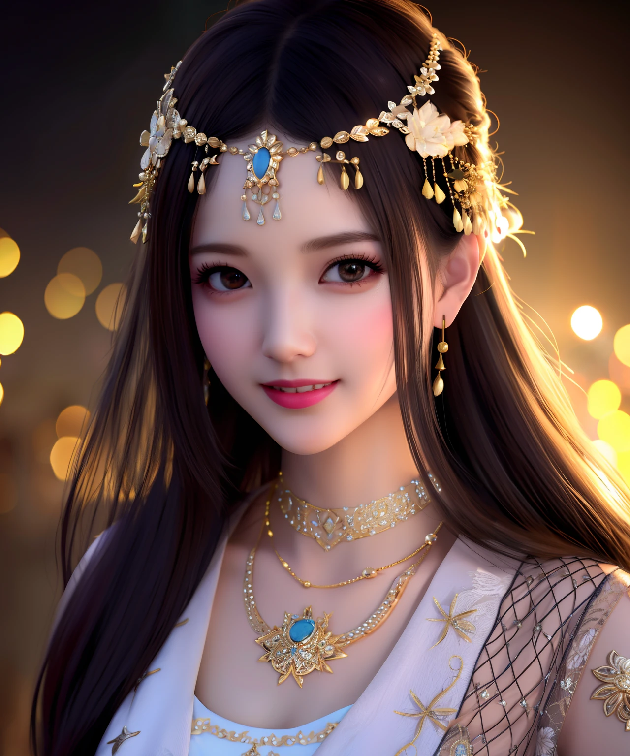 best quality, masterpiece, highres, 1girl,china dress,hair ornament,necklace, jewelry,Beautiful face,upon_body, tyndall effect,photorealistic, dark studio, rim lighting, two tone lighting,(high detailed skin:1.2), 8k uhd, dslr, soft lighting, high quality, volumetric lighting, candid, Photograph, high resolution, 4k, 8k, Bokeh, happy smile