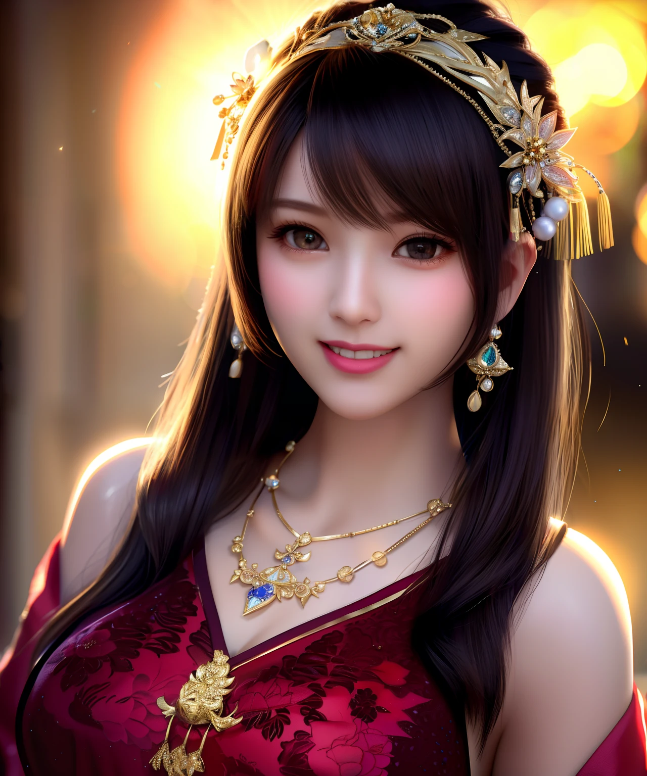 best quality, masterpiece, highres, 1girl,china dress,hair ornament,necklace, jewelry,Beautiful face,upon_body, tyndall effect,photorealistic, dark studio, rim lighting, two tone lighting,(high detailed skin:1.2), 8k uhd, dslr, soft lighting, high quality, volumetric lighting, candid, Photograph, high resolution, 4k, 8k, Bokeh, happy smile