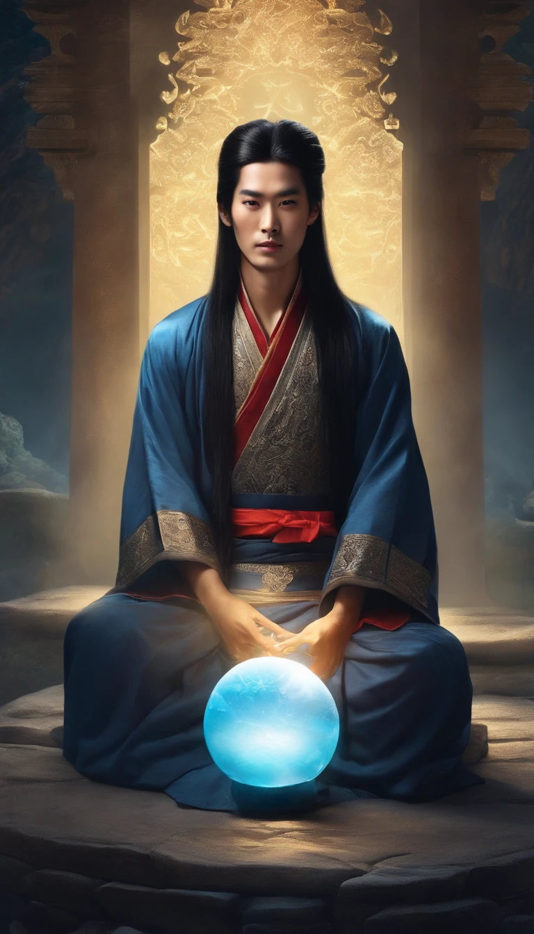 Close-up of a young Chinese Taoist leader sitting on a stone，Long hair，short mustache，Holding a glowing crystal ball in his hand，staring right into camera，Meditate cross-legged, at centre，Clear facial features，Very bright colors, Light particles, with light glowing, Mshiv, wallpaper art, UHD wallpaper