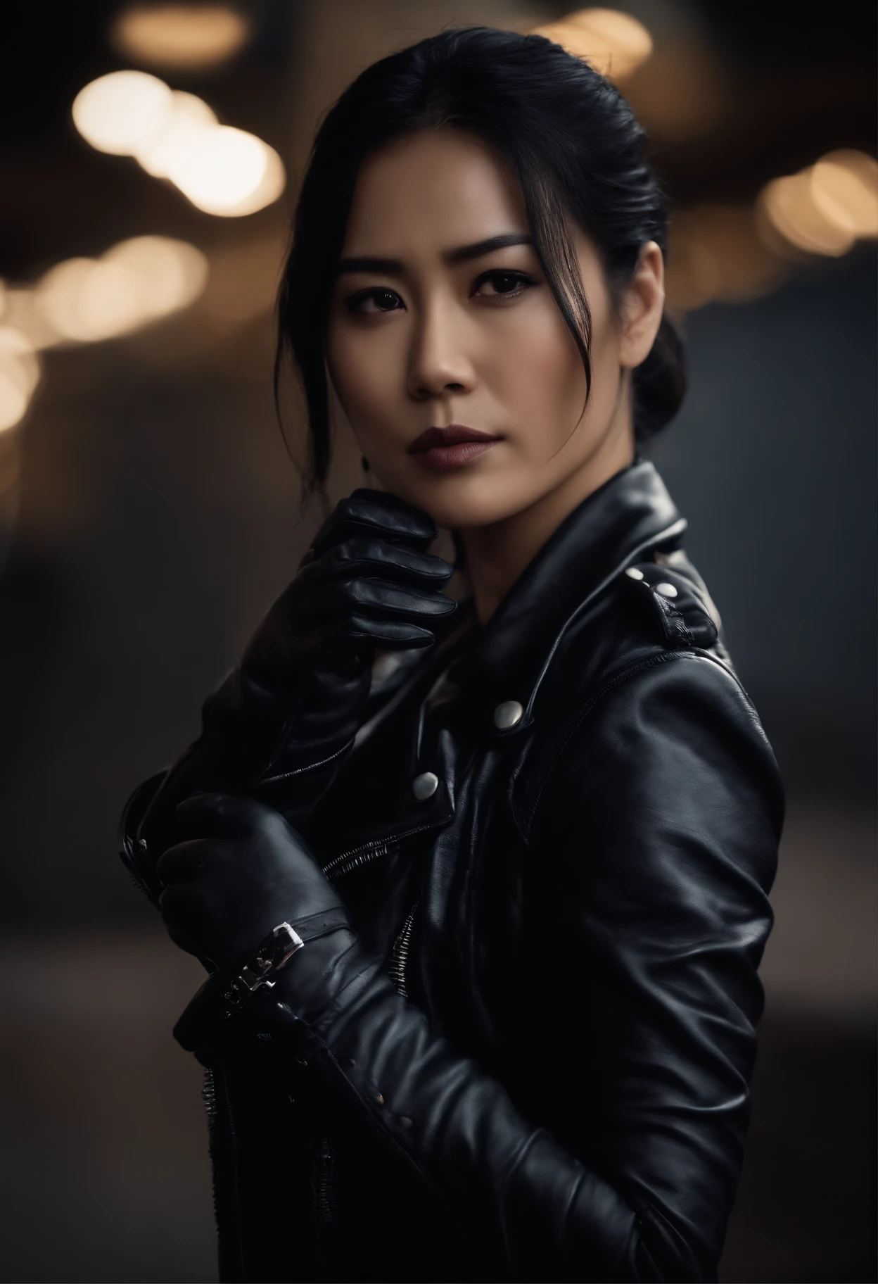 Black leather gloves, black hair ponytail, Japanese girls, black leather riders jacket, upper body
