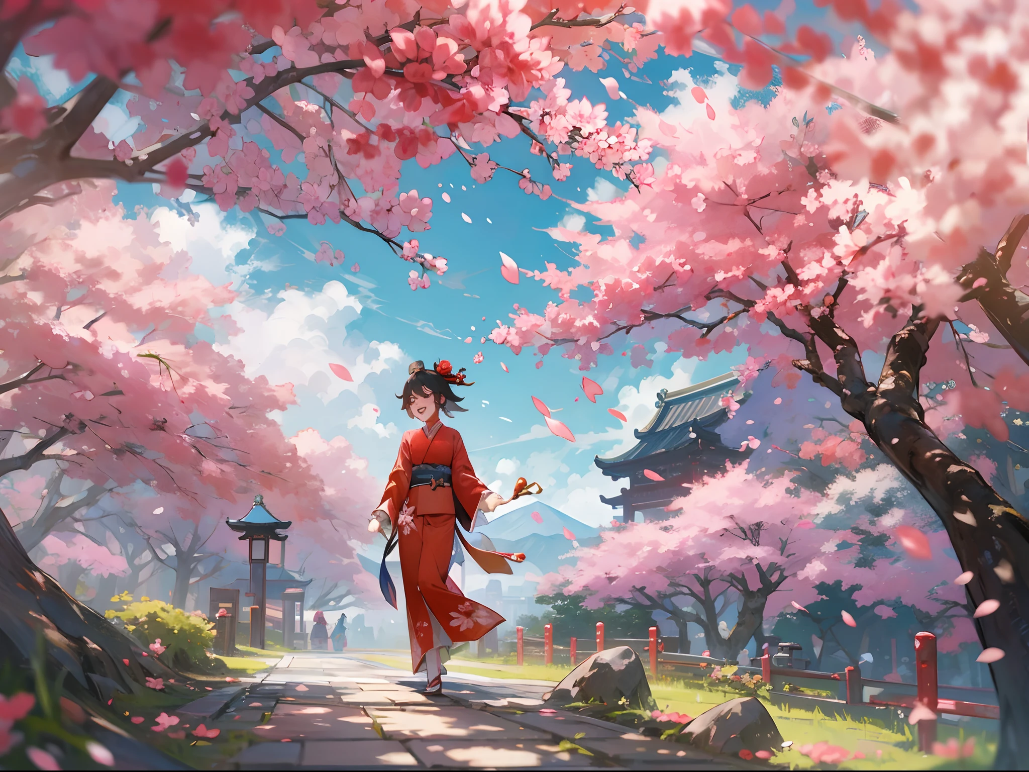 Genshin Impact, Hu Tao wearing red kimono, Ganyu wearing blue kimono, walking, sakura trees, cherry blossom, laughing together, 1girl, elegant and beautiful highly detailed scenery, perfect posture,glasses
