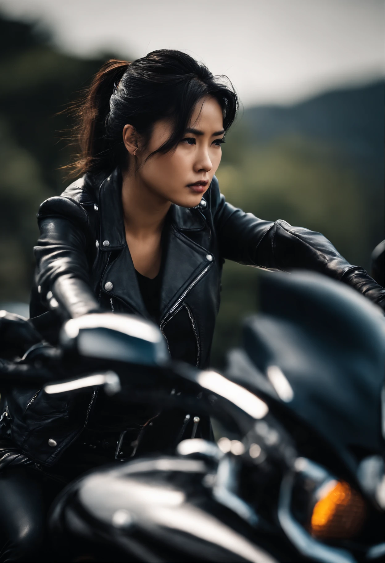 Black leather gloves, black hair ponytail, Japanese girls, black leather riders jacket, upper body