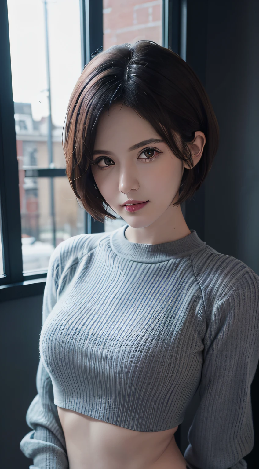 (masuter piece:1.3)、(8k、Photorealsitic、RAW Photography、top-quality: 1.4)、(1girl)、beautiful countenance、(lifelike face)、(A dark-haired、short-hair:1.3)、Beautiful hairstyle、realisticeyes、Beautiful details、（real looking skin）、Beautiful skins、（Sweaters）、absurderes、enticing、超A high resolution、A hyper-realistic、high-detail、the golden ratio、((open abdomen))、((Mid-Riff Sweater))、