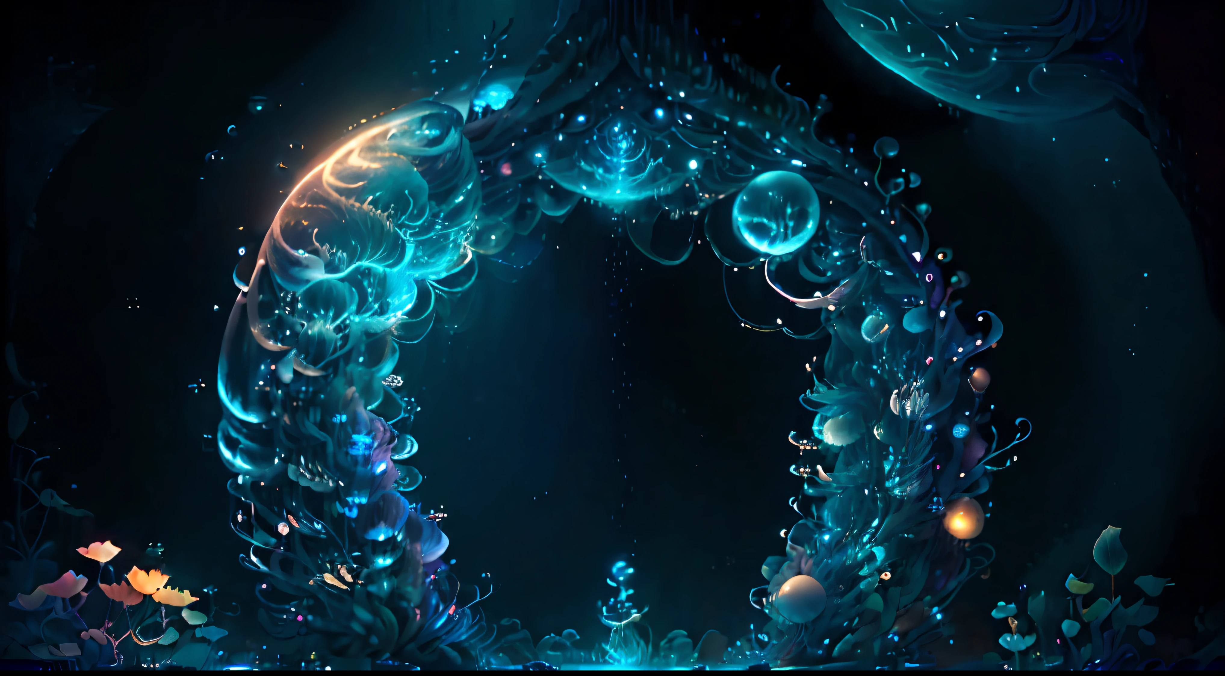 medusas bioluminiscentes flotando en la profundidad del oceano, llevadas por la corriente. Colores fluidos, translucidos , fosforescentes, de colores brillantes, colores radiantes, psicodelicos,iluminan el entorno oscuro con su fosforescencia, sensacion de movimientos fluidos , arremolinados, movimiento de los tentaculos de acuerdo al arte de los fluidos en movimientoobra maestra, Beautiful psychedelic entropy