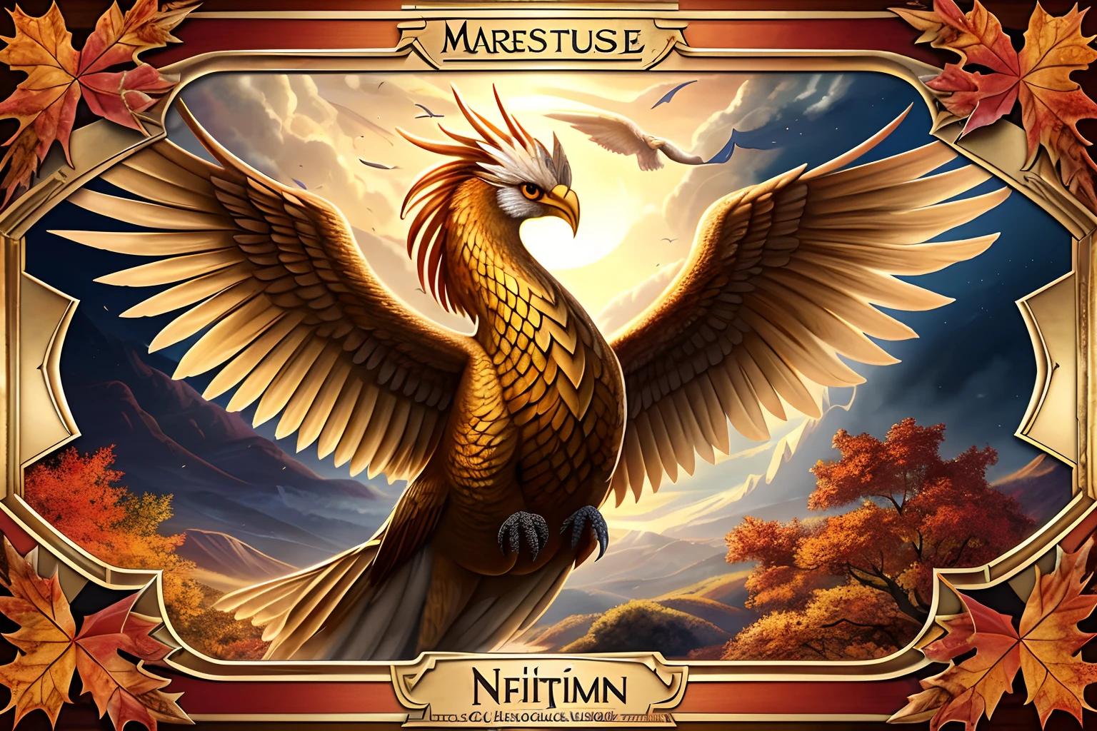 as this masterpiece captures every detail and nuance tarot cards, breathtaking beauty phoenix of mythical creature bird, spread with wings, intricate detailed, autumn leaf with plant justice, (highly quality:1.3), captured in the highest quality and unmatched beauty. depicting the essence of autumn in all its glory. autumn like never before, sharp features and impeccable details rendered, breathtakingly beautiful, crisp resolution. exquisite high-definition drawing, limitlessly high resolution. stunningly beautiful visual quality. beautiful detailed glow, insane details, perfection, impeccable quality,