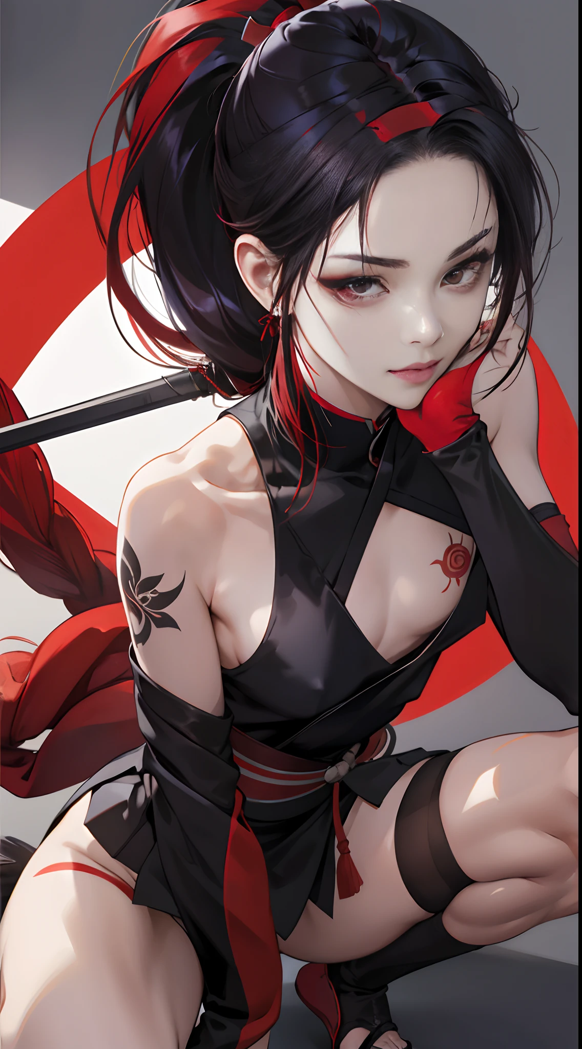 a 20 yo woman,Red-black mesh hair,long,poneyTail,sharp eye,Beautie,ssmile,Kunoichi,Black attire,Cherry decoration,Komono,Komono,Sleeveless,Exposed skin a lot,up chest,Red lotus tattoo,head band(reddish),head band,Forehead Rest,Tempered body,Delicately drawn realistic illustrations,Full body close-up,facing the front there,fight,arma:Kodachi,