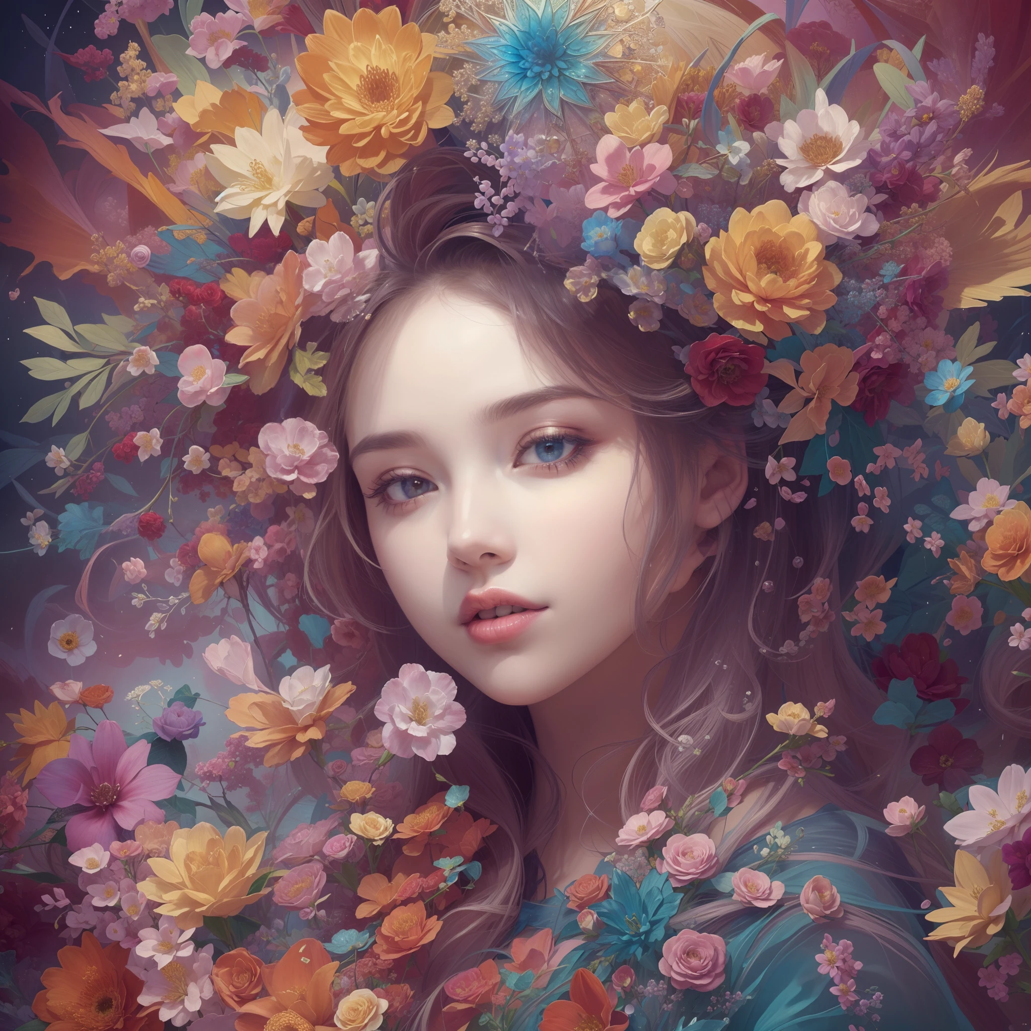 ((1girl in)), (masterpiece, top-quality, top-quality, Official art, Beautifully Aesthetic: 1.2), (1 Flower), The upper part of the body, ighly detailed, (Fractal Art: 1.3), colourfull, best detailed