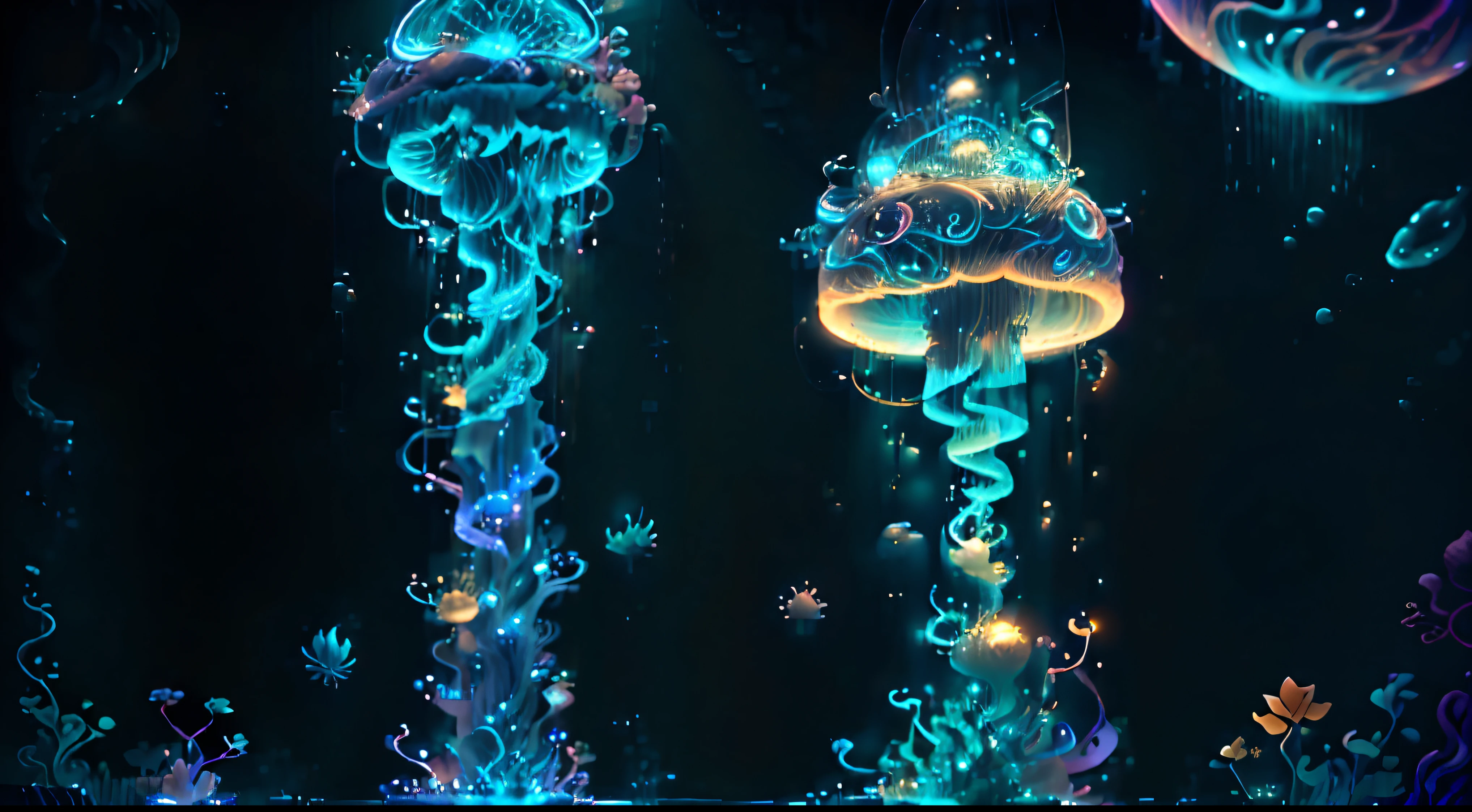 medusas bioluminiscentes flotando en la profundidad del oceano, llevadas por la corriente. Colores fluidos, translucidos , fosforescentes, de colores brillantes, colores radiantes, psicodelicos,iluminan el entorno oscuro con su fosforescencia, sensacion de movimientos fluidos , arremolinados, movimiento de los tentaculos de acuerdo al arte de los fluidos en movimientoobra maestra, Beautiful psychedelic entropy