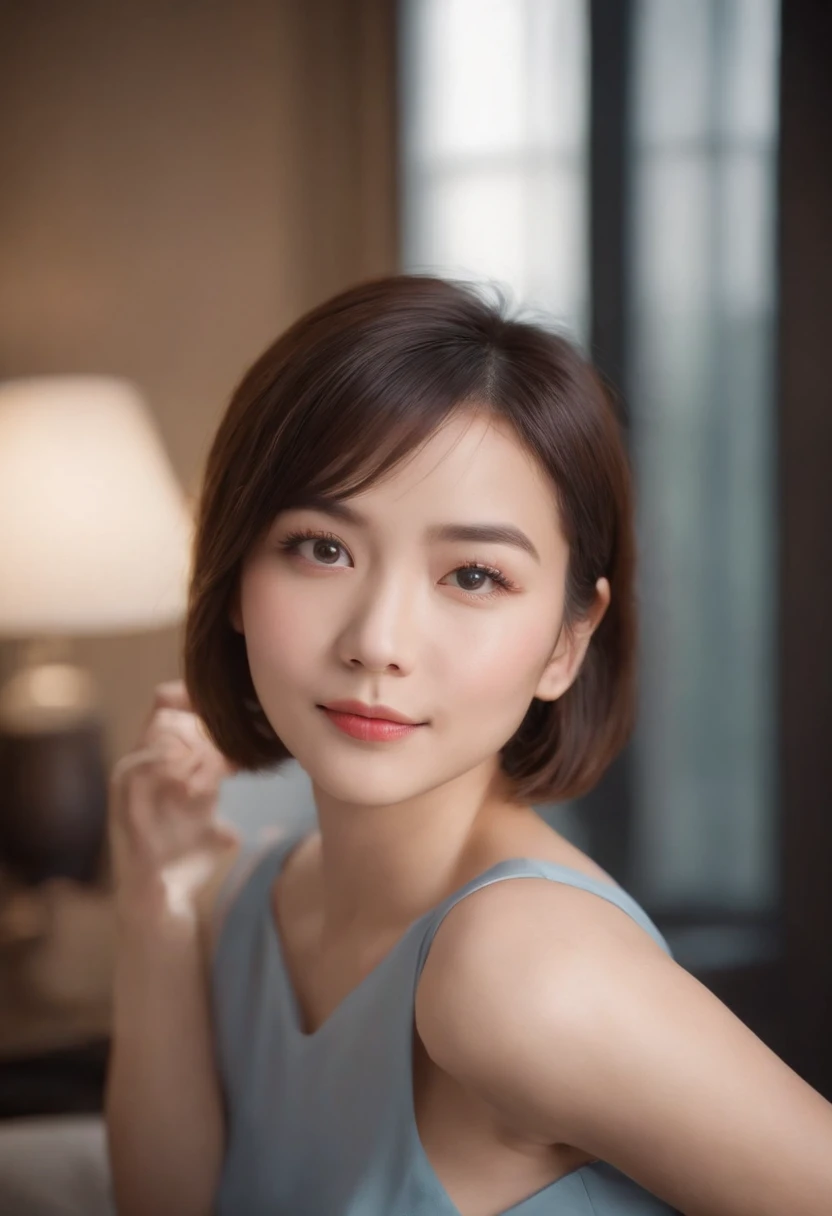 Portrait of the head of a girl,Short hairstyle,Refreshes the mood,ssmile,Bright eyes,Lens effects,Large chest eyes,Office style,Beautiful Asian woman appearance。