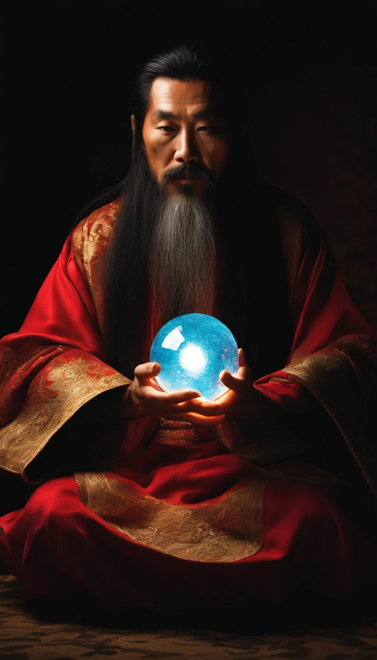 Close-up of a Chinese Taoist leader sitting on a stone,Long hair,short mustache,Holding a glowing crystal ball in his hand,staring right into camera,Meditate cross-legged, at centre,Very bright colors, Light particles, with light glowing, Mshiv, wallpaper art, UHD wallpaper