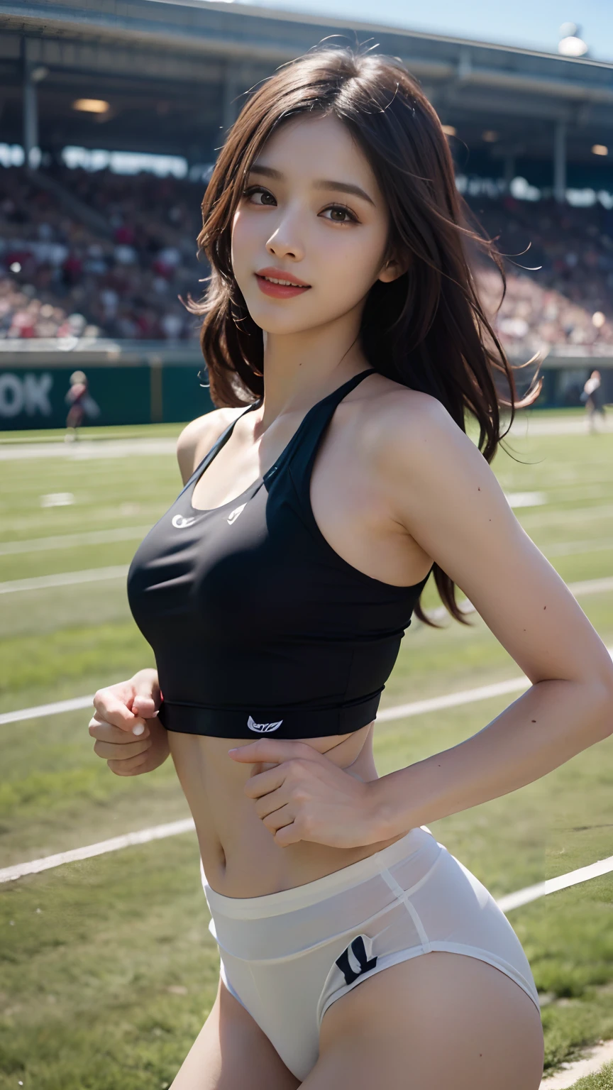 ((obra maestra, Calidad de imagen superior, high resolusion、solo、small boobs、Uniformes sin mangas en tierra、Atleta de pista y campo、Peinado de cola de caballo alta、sin sujetador、cuerpo completo Esbian、una sonrisa、Una leve sonrisa、Piel de tecateca、piel resplandeciente))、Cara sudorosa、latina, pubertad, lleno de sudor、red lipsticks、Camina por las pistas del estadio de atletismo、solo、En ambas manos y caderas、El ombligo es visible、((Entrenamiento de levantamiento de muslos))、((Correr en la pista))、(((Cuerpo macho)))、((Uniforme mojado con sudor))、(((ver todo el cuerpo)))