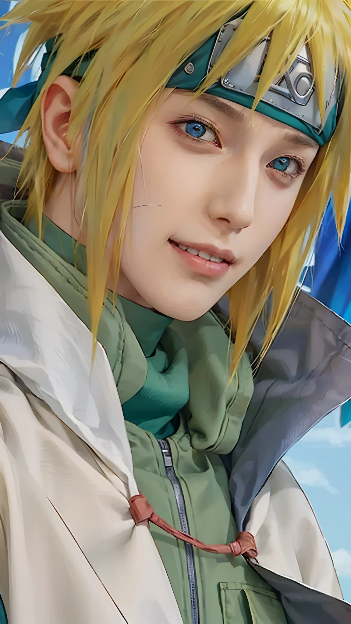 1male, namikaze in anime naruto shippuden, short hair , yellow hair, blue eyes, handsome, smile, green clothes, realistic clothes, detail clothes, city background, ultra detail, realistic