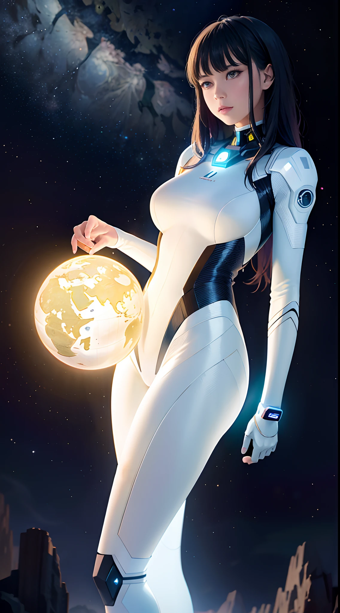 (tmasterpiece:1.2),best qualtiy,In space,(nigh sky,medium lenght hair:1.2),(illustratio:1.2),lindo cenario,dreads,(Elaborate luminescence,lens flare glow),(Hyper-detailing),Hyper-detailing,(exquisitedetails),(complexdetails),(Movie light,Best quality backlight),清晰的线条,New world,peeping at the viewer,Solo Woman,(Space Girl,the space),Oriental women,Girls are modeling figures,Solo Woman,Perfect body,Beautiful girl,(1girll),(Bright bioluminescent hair,bright glowing eyes),(galaxias,Alien planet),(Astronaut wearing sexy futuristic style white tight spacesuit:1.1),(The material of the spacesuit is extremely light),The girl has a slender waist,smallunderboob, Big breasts Thin waist,bare shoulders,Bare legs,exposed waist,Latex tight spacesuit,The chest of the spacesuit shows the starry sky,Slightly closed eyes,(cyber punk perssonage),(dyna:1.3),(putting makeup on)),hight contrast,(The best lighting,Extremely refined and beautiful),((Movie Moonlight)),Extremely colorful,((Photoshop Pastel Painting:1.1)),aethereal,(Movie Masterpiece),suspense,Funk,(Starskrim),splash of color,absolutly eye-catching,((Caustics)),dynamic angle,big breasts beautiful(detailed glow),(spine-chilling),(Intricate movie scenes behind it:1.2),Environmental occlusion, (Ambient moonshine), ray-traced reflection, intricately detailed visible background , (Glowing spacesuit), terroral, (Bioluminescent vegetation:1.2), terroral, uneasy, A futuristic, terroral, (Hologram heads-up display), (Delicate Great Comet)