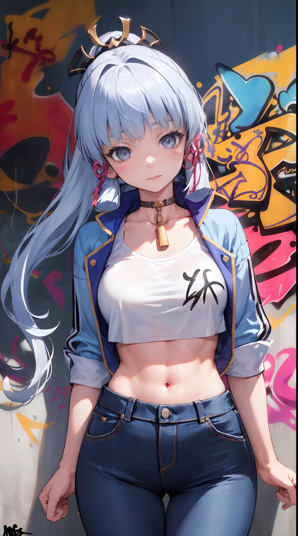 kamisato ayaka|genshin impact, master-piece, bestquality, 1girls,25 years old, proportional body, elongated legs, Beautiful, proportional., crop top, Long Jeans, mediuml breasts, ,bara, crop top, choker, (Graffiti:1.5), Splash with purple lightning pattern., arm behind back, against wall, View viewers from the front., Thigh strap, Head tilt, bored,(NSTDA.:1.2), (10, beste-Qualit, master-piece: 1.4), Beautiful red hair, ultra-high resolution, (lifelike, photorealistic portrait: 1.48), 20 age, Cute Girl, (Looking Through Crop Tops.), Famous Japanese actors, beautiful clear eyes, Head tilt, cowboy shot, from the front, looking at the audience, expressionless, Beautiful lake, Zeiss 150mm F/ 2.8 Hasselblad, Whole body, foot, Ultra-Wide Angle,