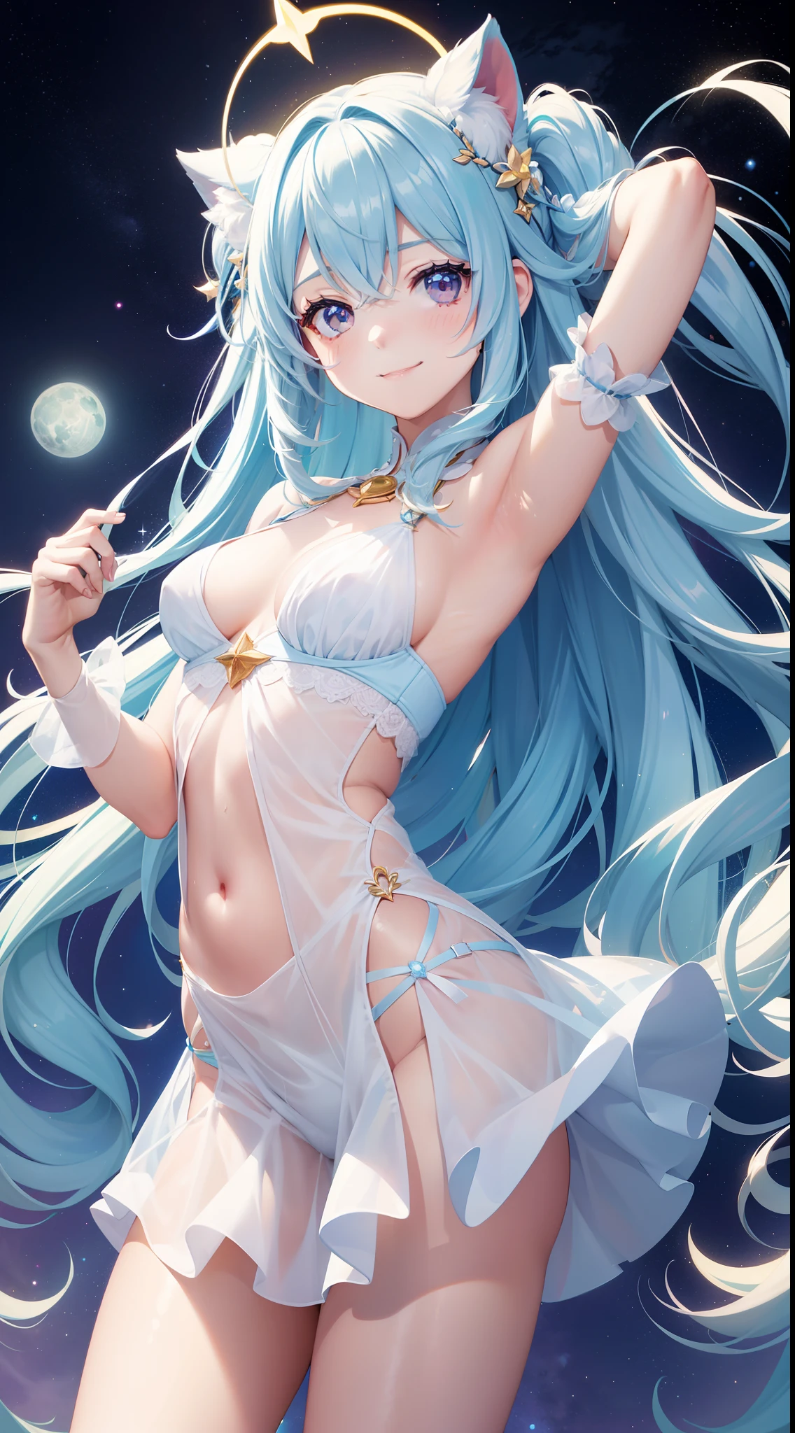 Super Idol Cute Beautiful Girl A charming smile sky blue hair length hair Twin-tailed Cream-colored see-through outfit Mystical Fantasia constellation a moon Crystal Brilliance Aurora Borealis in the Night Sky