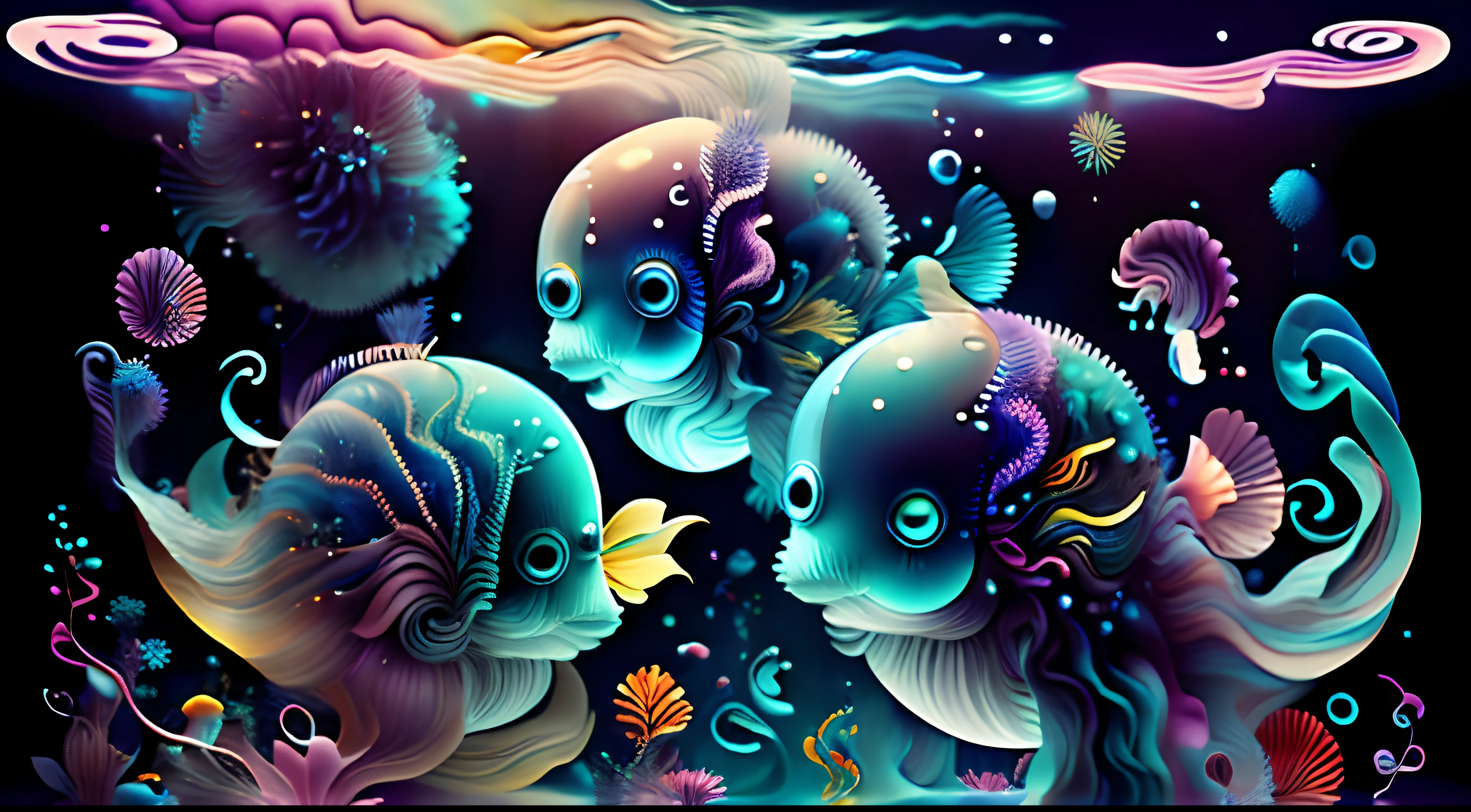 medusas bioluminiscentes flotando en la profundidad del oceano, llevadas por la corriente. Colores fluidos, translucidos , fosforescentes, de colores brillantes, colores radiantes, psicodelicos,iluminan el entorno oscuro con su fosforescencia, sensacion de movimientos fluidos , arremolinados, movimiento de los tentaculos de acuerdo al arte de los fluidos en movimiento,obra maestra, Beautiful psychedelic entropy