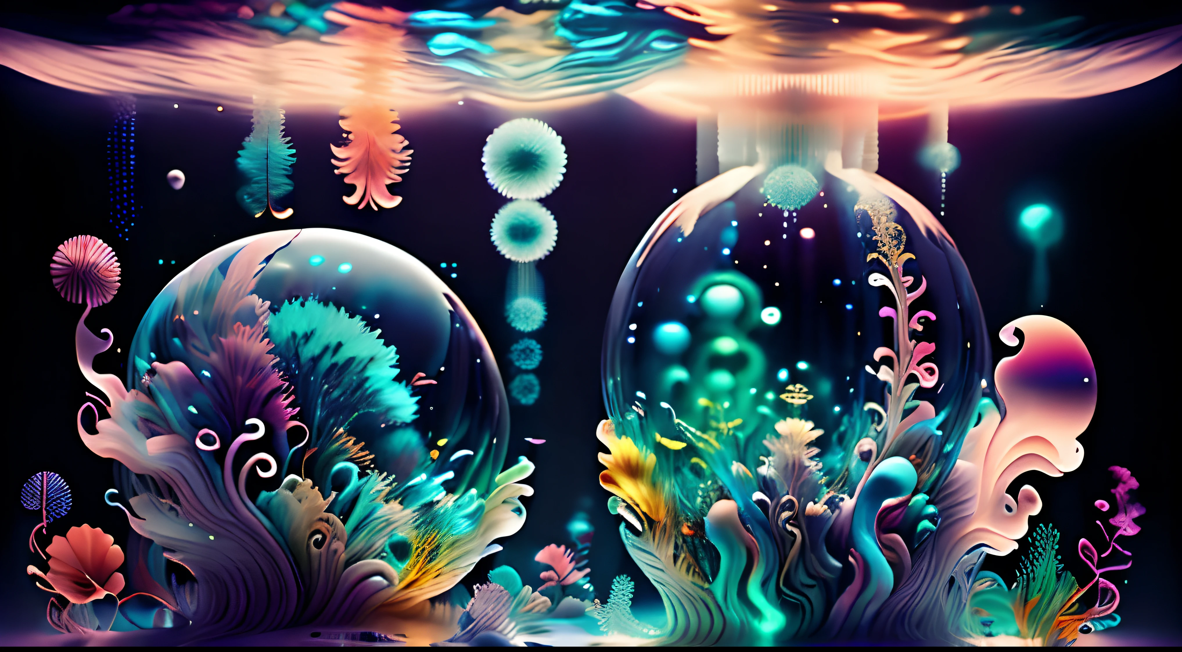 medusas bioluminiscentes flotando en la profundidad del oceano, llevadas por la corriente. Colores fluidos, translucidos , fosforescentes, de colores brillantes, colores radiantes, psicodelicos,iluminan el entorno oscuro con su fosforescencia, sensacion de movimientos fluidos , arremolinados, movimiento de los tentaculos de acuerdo al arte de los fluidos en movimiento,obra maestra, Beautiful psychedelic entropy