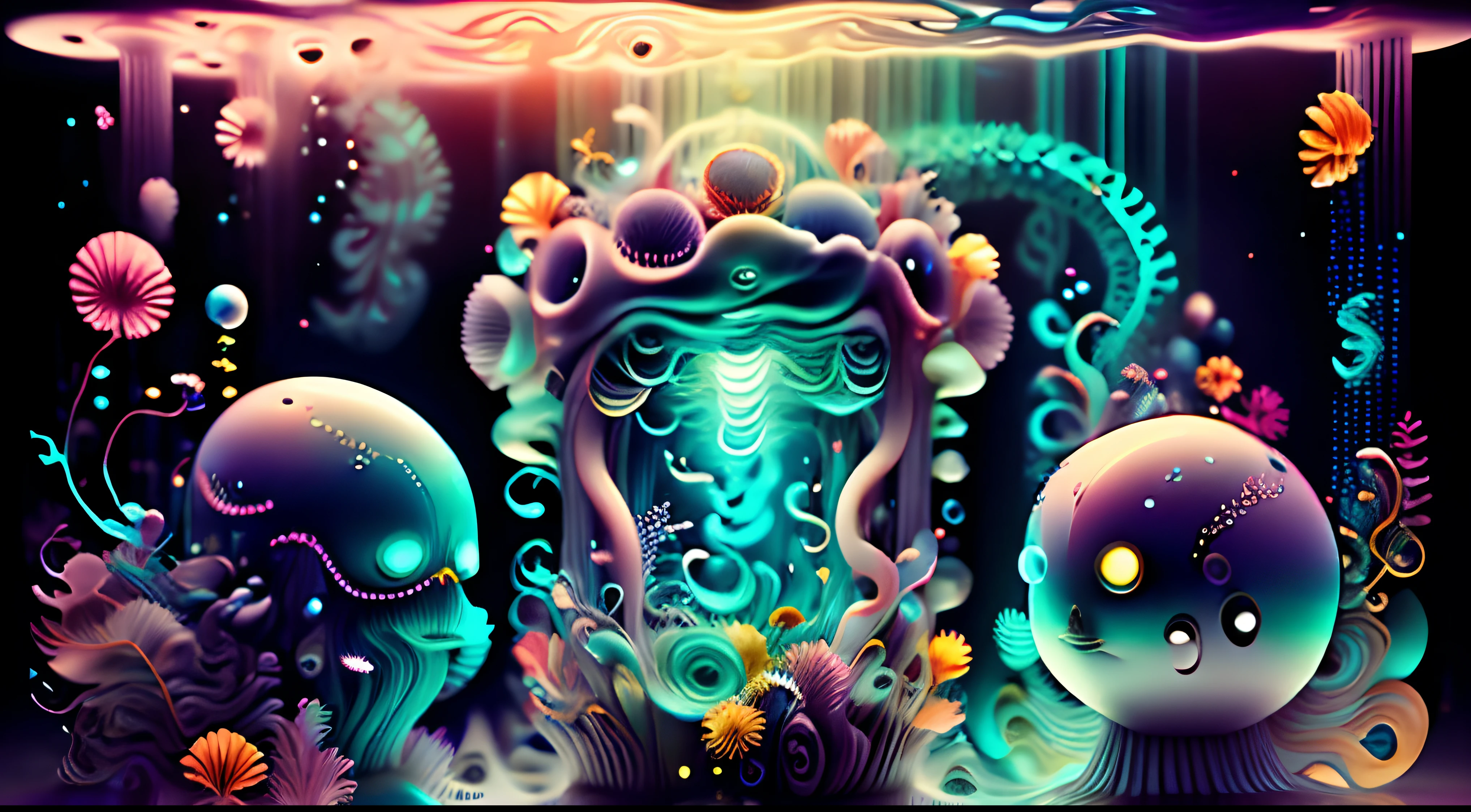 medusas bioluminiscentes flotando en la profundidad del oceano, llevadas por la corriente. Colores fluidos, translucidos , fosforescentes, de colores brillantes, colores radiantes, psicodelicos,iluminan el entorno oscuro con su fosforescencia, sensacion de movimientos fluidos , arremolinados, movimiento de los tentaculos de acuerdo al arte de los fluidos en movimiento,obra maestra, Beautiful psychedelic entropy