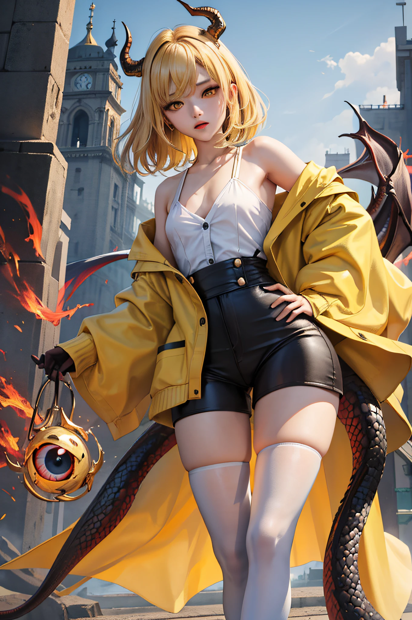 a picture、Medium Hair Layered Cut、thighs gap、medium_Big chest、dynamic background、femele、Golden hair、shorth hair、yellow eyes、Yellow cardigan、white shirt、Red ribbons、Black pants、校服、Dragon's horn、Dragon's Tail、 woman、Dragon's Eye