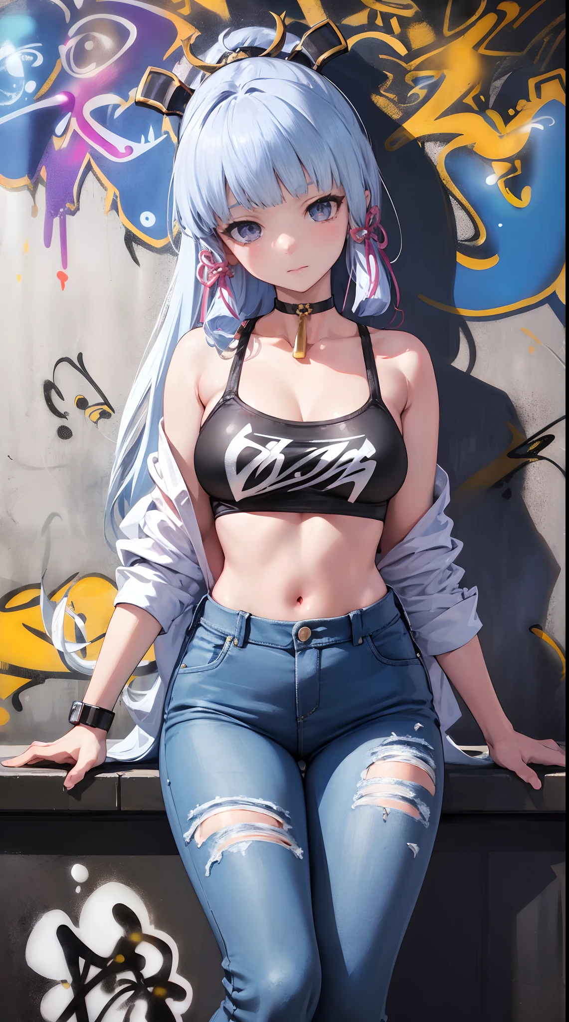 kamisato ayaka|genshin impact, master-piece, bestquality, 1girls,25 years old, proportional body, elongated legs, Beautiful, proportional., crop top, Long Jeans, mediuml breasts, ,bara, crop top, choker, (Graffiti:1.5), Splash with purple lightning pattern., arm behind back, against wall, View viewers from the front., Thigh strap, Head tilt, bored,(NSTDA.:1.2), (10, beste-Qualit, master-piece: 1.4), Beautiful red hair, ultra-high resolution, (lifelike, photorealistic portrait: 1.48), 20 age, Cute Girl, (Looking Through Crop Tops.), Famous Japanese actors, beautiful clear eyes, Head tilt, cowboy shot, from the front, looking at the audience, expressionless, Beautiful lake, Zeiss 150mm F/ 2.8 Hasselblad,  Whole body, foot, Ultra-Wide Angle,