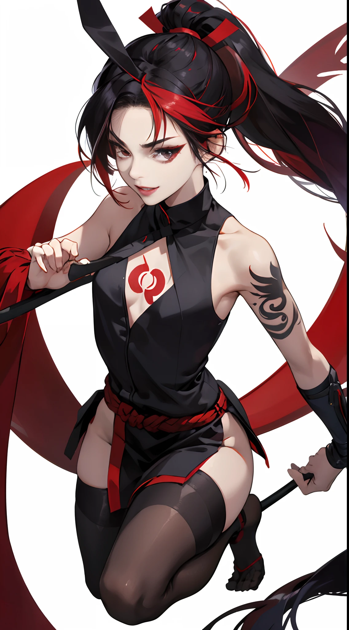 a 20 yo woman，Red-black mesh hair，long，poneyTail，sharp eye，Beautie，ssmile，Kunoichi，Black attire，Cherry decoration，Komono，Sleeveless，Exposed skin a lot，up chest，Red lotus tattoo，head band（reddish），Forehead Rest，Tempered body，Delicately drawn realistic illustrations，Full body close-up，facing the front there，fight，arma:Kodachi，