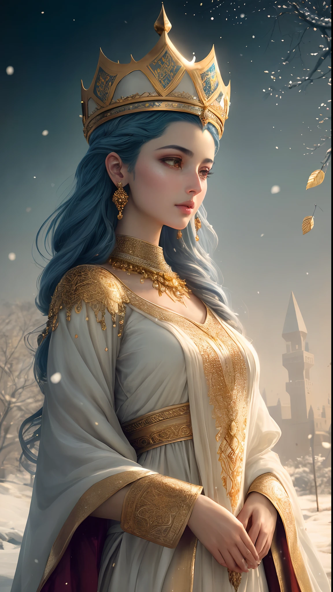 Soft and dreamy 8mm lens portrait of an Arabic dev brama of a universe adorned with a natural crown of gold and leaves and masses, ethereal dress. Soft snow sky. Using 8K High Definition. Art styles Greg Rutkowski , Android Jones , Tamsyn. Intricate dynamic lighting, elegant and highly detailed ultra-realistic, cinematic and octane rendering