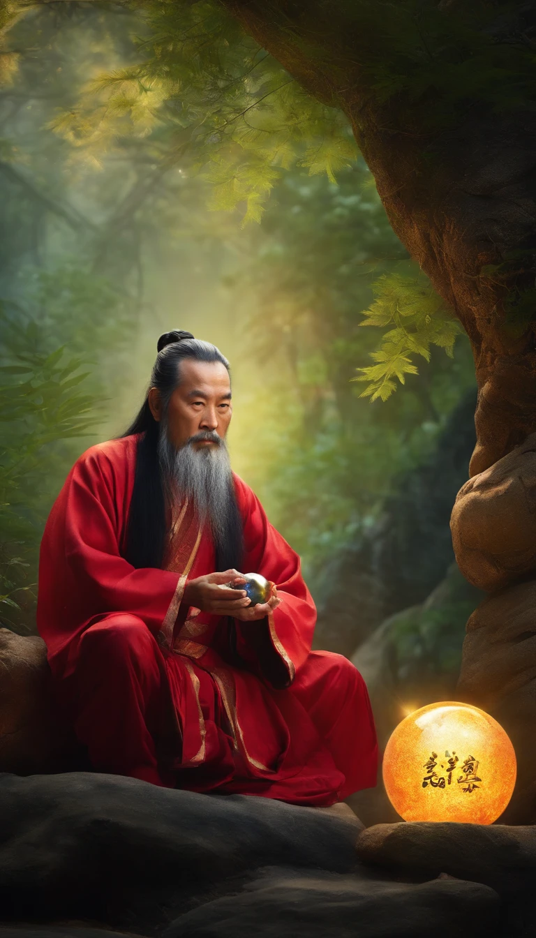 Close-up of a Chinese Taoist leader sitting on a stone,Long hair,short mustache,Holding a glowing crystal ball in his hand,staring right into camera,Meditate cross-legged, at centre,Very bright colors, Light particles, with light glowing, Mshiv, wallpaper art, UHD wallpaper