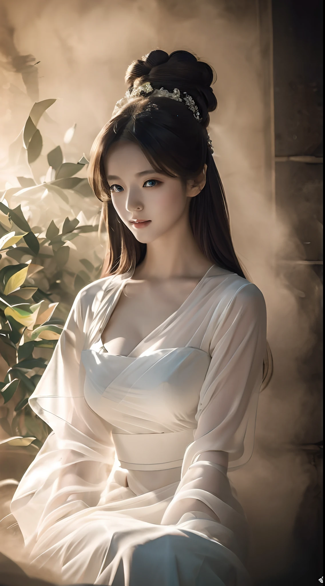 (Best quality,4K,8K,A high resolution,Masterpiece:1.2),Ultra-detailed,(Realistic,Photorealistic,photo-realistic:1.37),Gorgeous,Beautiful,Long golden hair, The goddess in a white dress sits on the steps, 浴室,Sexy girl,Illustration style：Kim Masaichi Kwang, Japanese goddess, Yoshigaki, Amazing goddess, ethereal figure, mesmerizing eyes, Beautiful white costume, Bright sunlight, gleaming silver, Yoshitomo Nara, Fuzzy dragon-shaped smoke