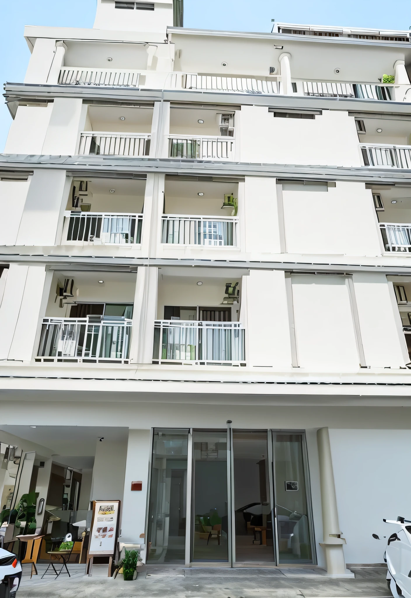 Modern minimalist architecture,The building faces the street,Filmed in early 2023,Located in Phuket,Complete building,front-facing view,Single building,front-facing view , Complete house, Front view, mid view,Be sunny ,The lobby on the ground floor was too dark and modified into a bright hall,Be able to attract the customer's eye