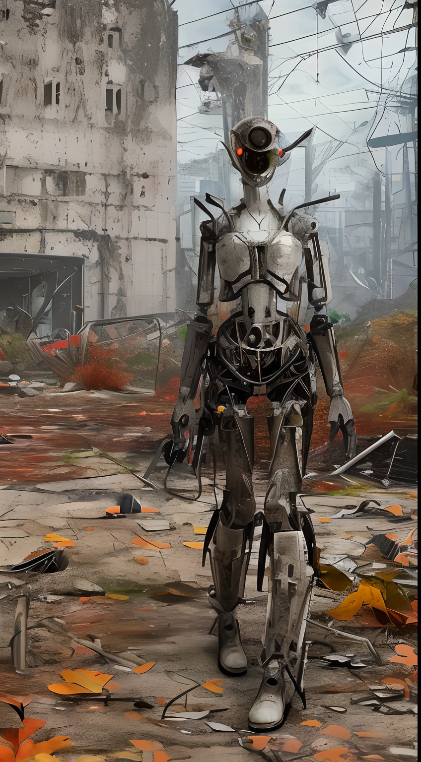 Futuristic high-tech killer female killer robot abandoned in ruins, autumnal, Sound art,,noise, abstract artistic, Tearing the future apart, Post-world ruins of industrial machines,