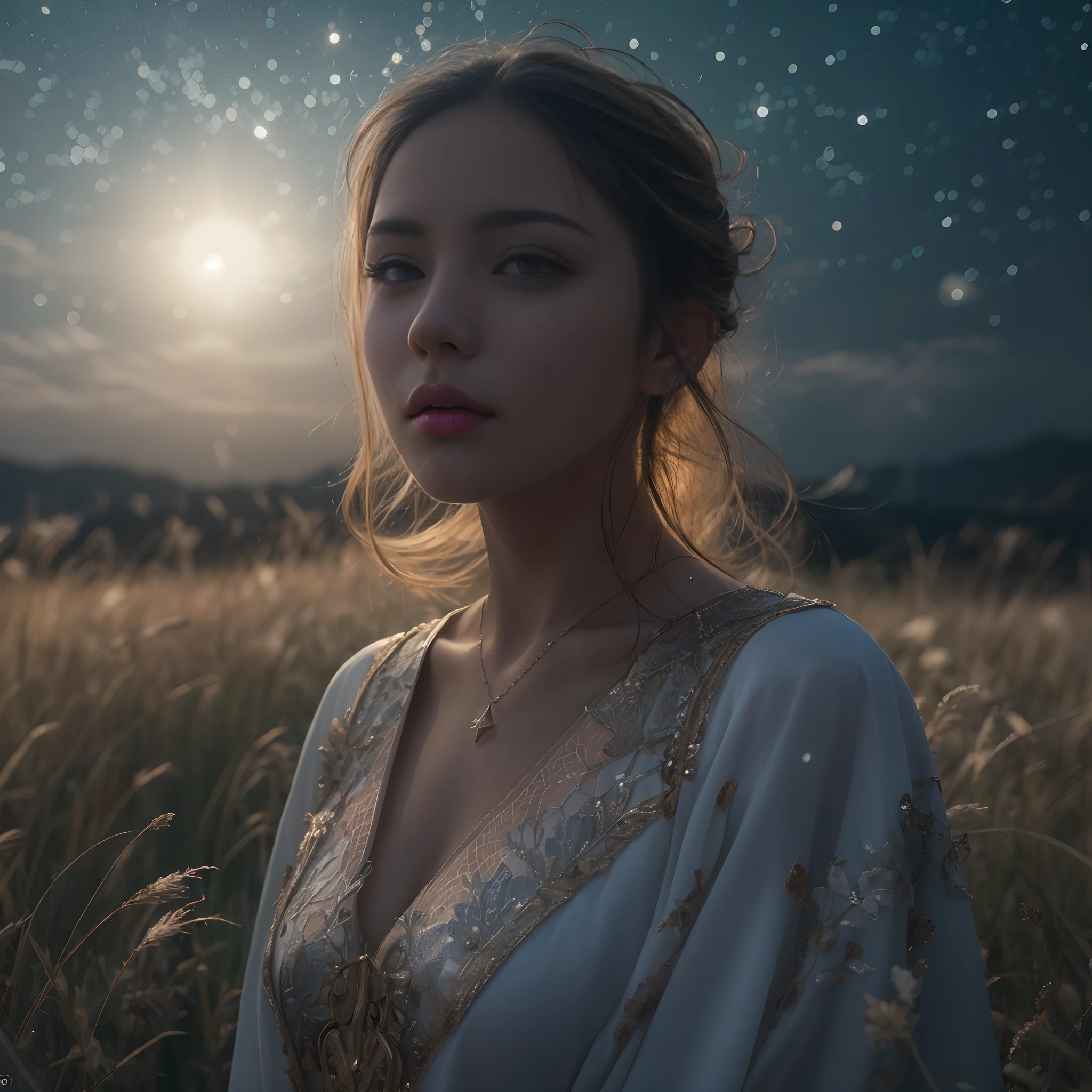 (((nffsw))), (((masutepiece))), (((8K))), (((hight resolution))), (((surrealism))), (((Cinematic lighting))), god rays, Zoom Layer, (((FULL BODYSHOT))), F/4.0, canon, Shiny skin,Detailed skin,Detailed face, Detailed eyes, Summer Island Princess, Countless shooting stars fall from the starry sky, Sheer royal robes, summer evening, the vast grassland, moonlight