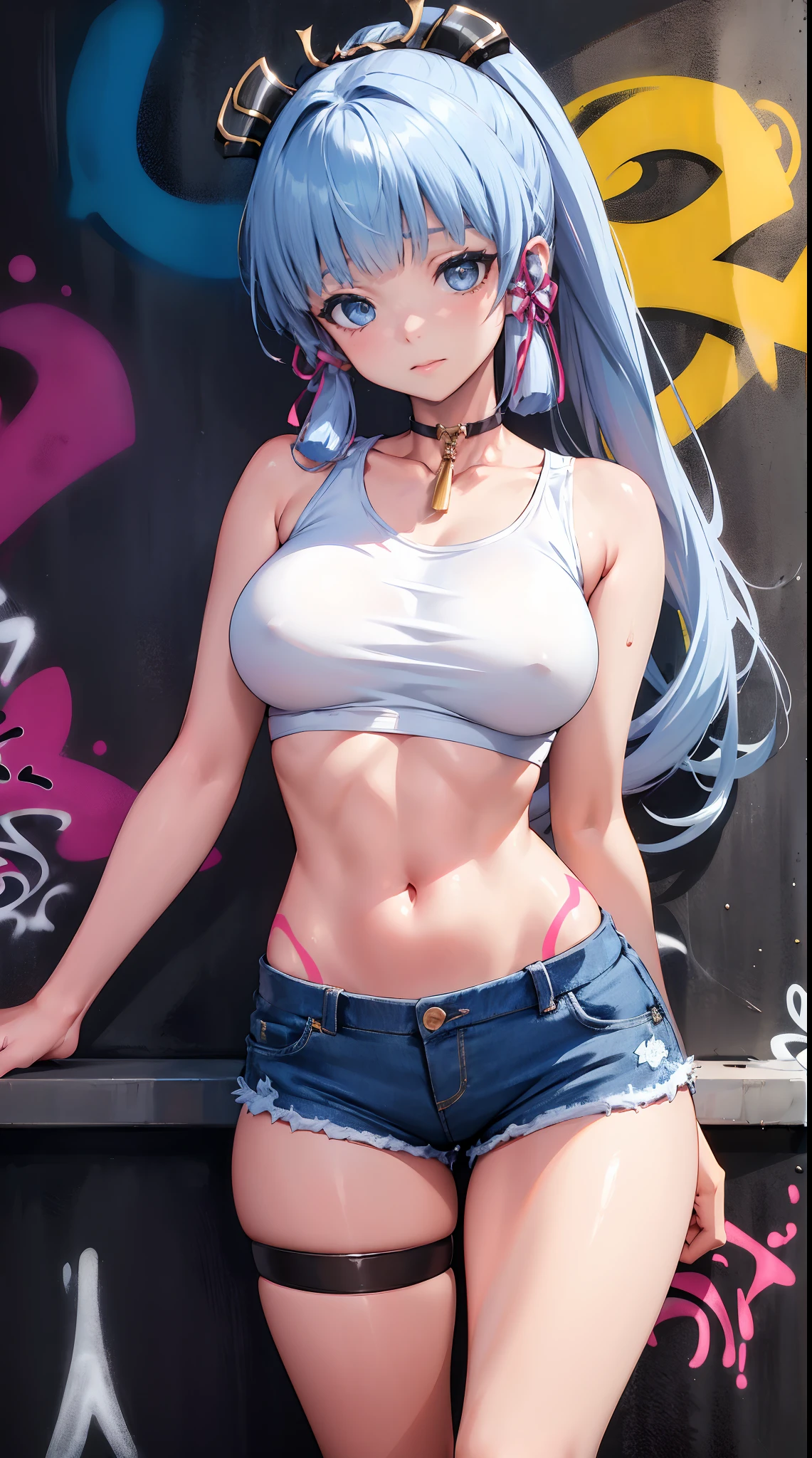 kamisato ayaka|genshin impact, master-piece, bestquality, 1girls,25 years old, oversized breasts, crop top, shorts jeans, oversized breasts, ,bara, crop top, shorts jeans, choker, (Graffiti:1.5), Splash with purple lightning pattern., arm behind back, against wall, View viewers from the front., Thigh strap, Head tilt, bored, water eyes,