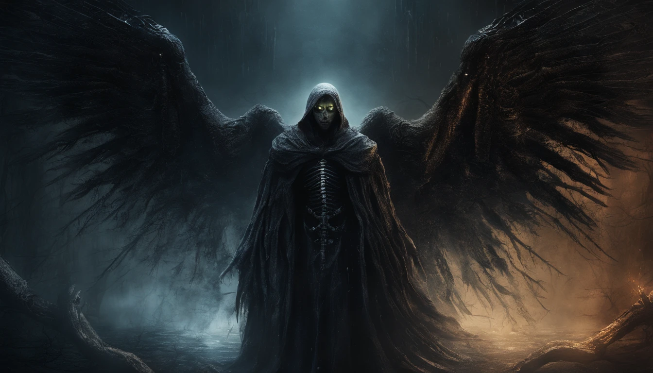 Cosmic Fallen Angel, Glowing bright eyes, biomechanical, Creepy, Creepy, nightmarish, Very bright colors, light particles, with luminous light, Wallpaper Art, UHD wallpaper,medieval garb