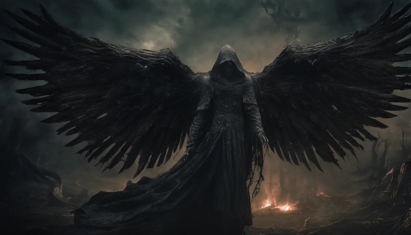 Cosmic Fallen Angel, Glowing bright eyes, biomechanical, Creepy, Creepy, nightmarish, Very bright colors, light particles, with luminous light, Wallpaper Art, UHD wallpaper,medieval garb