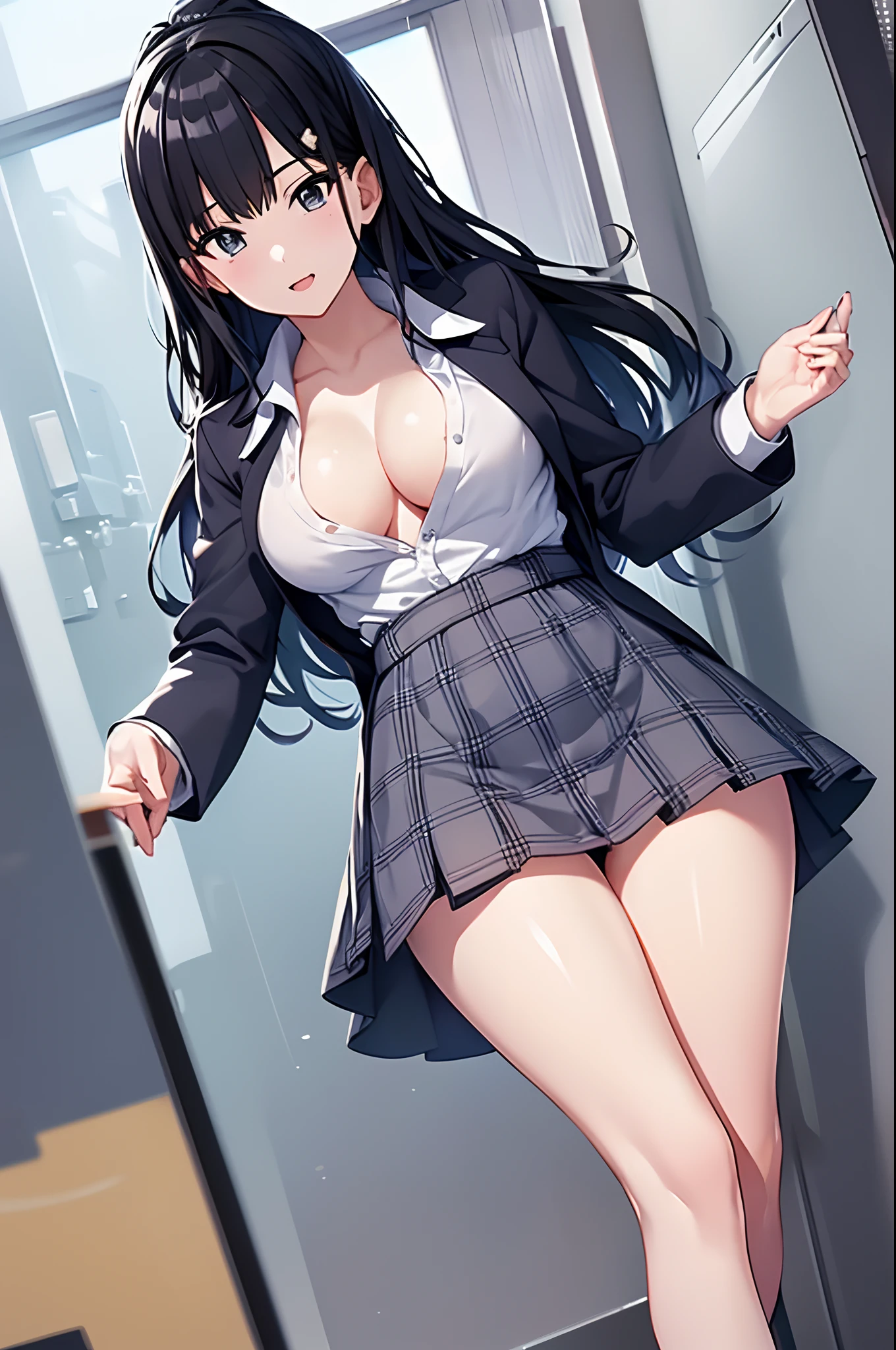 Denori Kazano　high details, High quality, hight resolution, Best Quality, 4K　​masterpiece, top-quality, Hi-Res, , 1girl in, 独奏, cowboy  shot,18year old　　((tall)) (Slim body)　　(((large full breasts)))　　thighs thighs thighs thighs　big butts　　a miniskirt　Wearing school uniform　schools